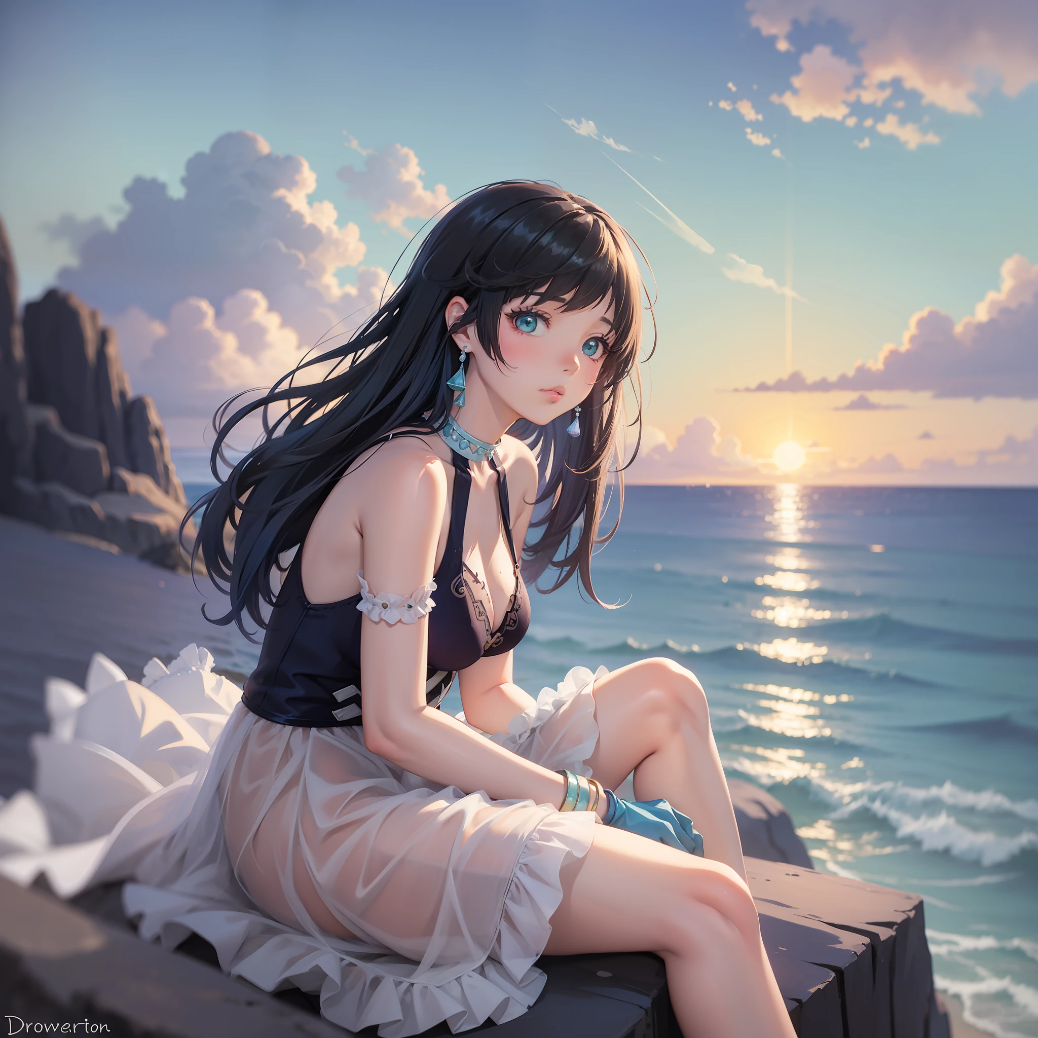 painting of a woman sitting on a rock looking out at the ocean, in the art style of bowater, made with anime painter studio, serene illustration, painted in anime painter studio, beautiful girl on the horizon, dreamy illustration, blurry and dreamy illustration, blurred and dreamy illustration, in style of digital painting, dreamlike digital painting, watercolor digital painting, girl watching sunset