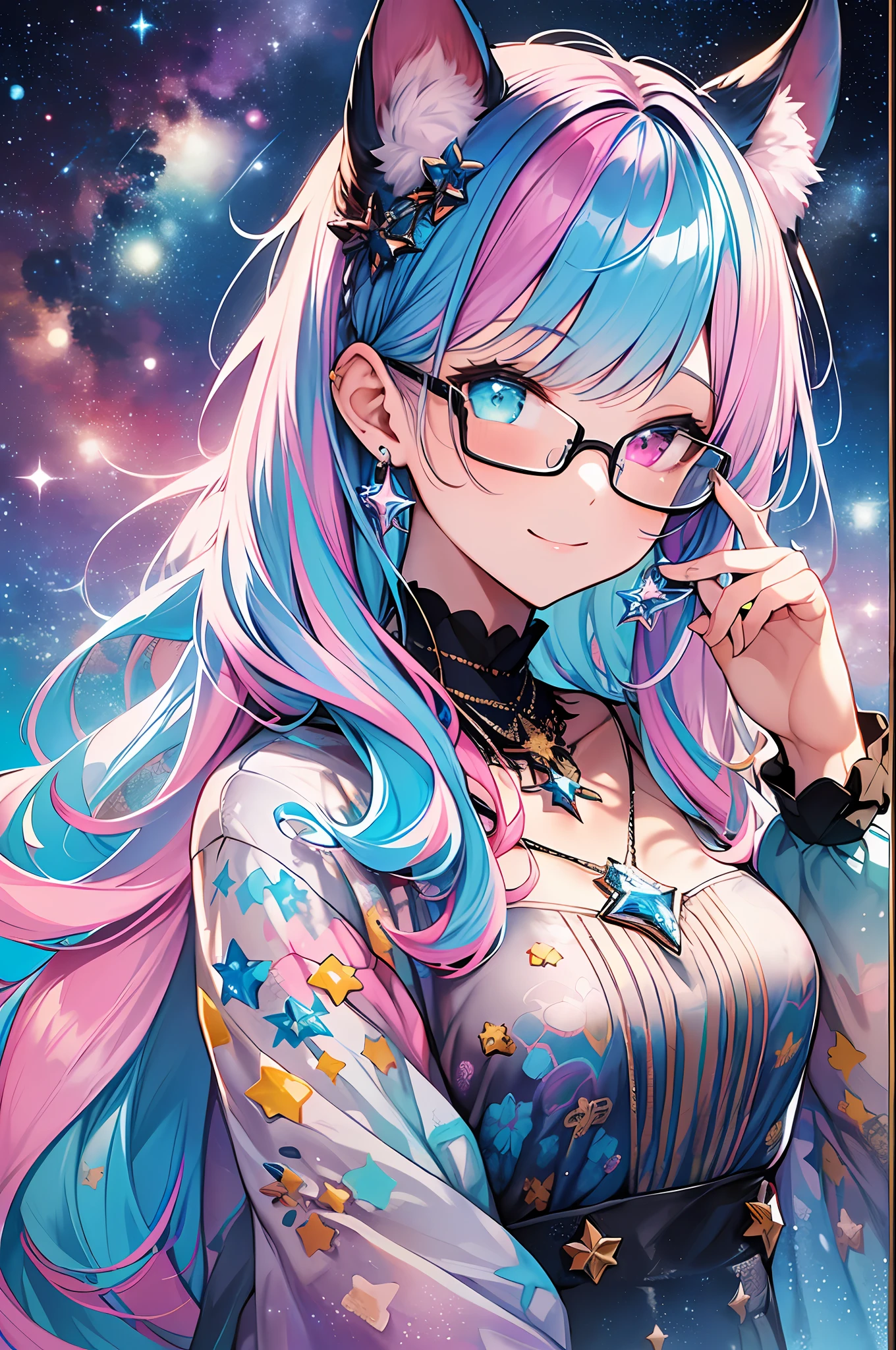 (Masterpiece, Highest Quality, Best Quality, Watercolor Art (Pendant), Official Art, Beautiful and Aesthetic, (1.3), (1 Girl: 1.3), (Fractal Art: 1.3), Full Body, Star-shaped Pupil, , Pattern, ((iridescent hair, colorful hair, half blue and half pink hair: 1.2)), Aqua, Liquid, Cloud, Colorful, Starry Night, Star, Smile, Glasses, Writing, Heterochromia, (Colorful: 1.5), galaxy, looking up at the stars, (beast ear)