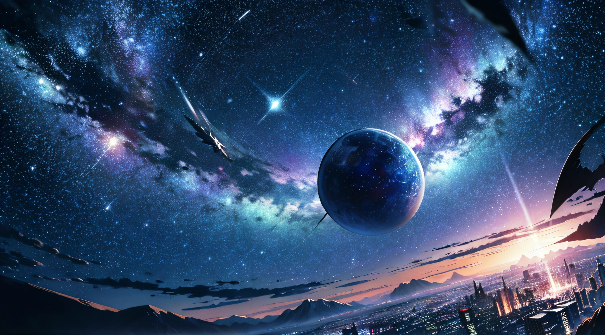 wallpaper, ridiculous resolution, high resolution, (masterpiece:1.4), super detailed, stars, seen from above, space, floating, night, delicate blue loght, --v 6