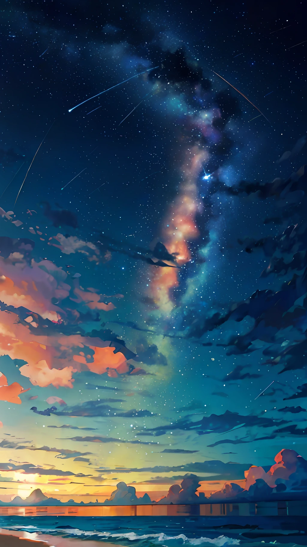 (zoom:1.1), (meteor shower:1.2), (comet:1.1), low angle, arora borealis, shooting star, top quality, masterpiece, clouds, colorful, southeast Asian beach, summer, seascape, small islands