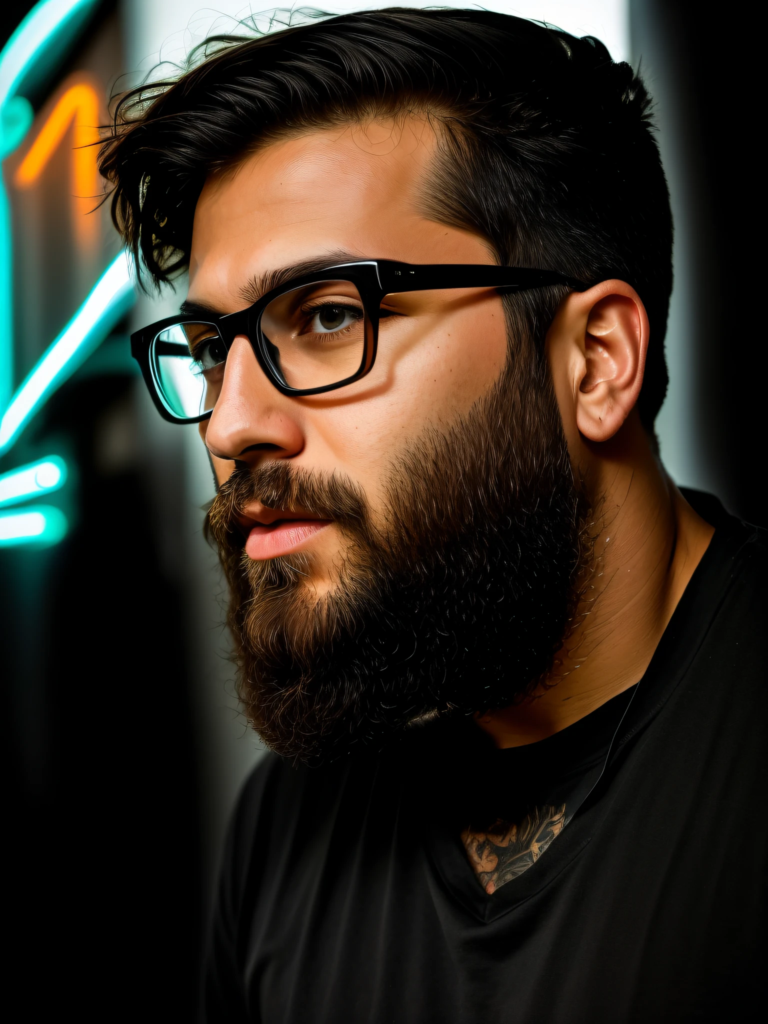 arafed man with glasses and beard in front of a neon background, high quality portrait, 8k shot portrait, mid shot portrait, detailed portrait shot, cinematic headshot portrait, profile portrait, closeup portrait photo, epic and elegant portrait, man with glasses, 4k color photography portrait, profile photo, illuminated side, portrait of a cyberpunk man,  well-defined beard, brown eyes and black T-shirt --auto --s2