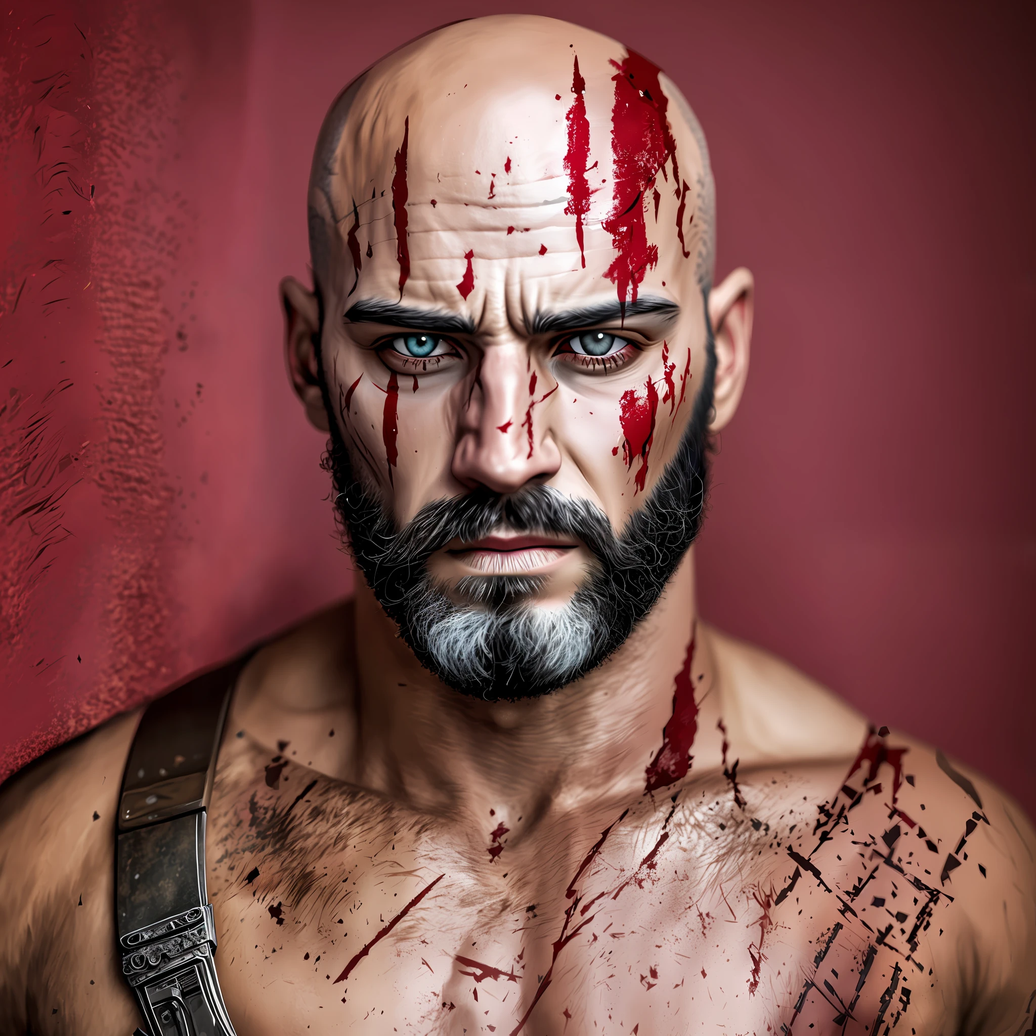 Theme: Mercenaries, 1 man with bruised face, bleeding, scar on eyeshadow, brave, short beard, bald, red eyes, nervous, Jason Statan, ultra-detailed, insanely realistic, 16k