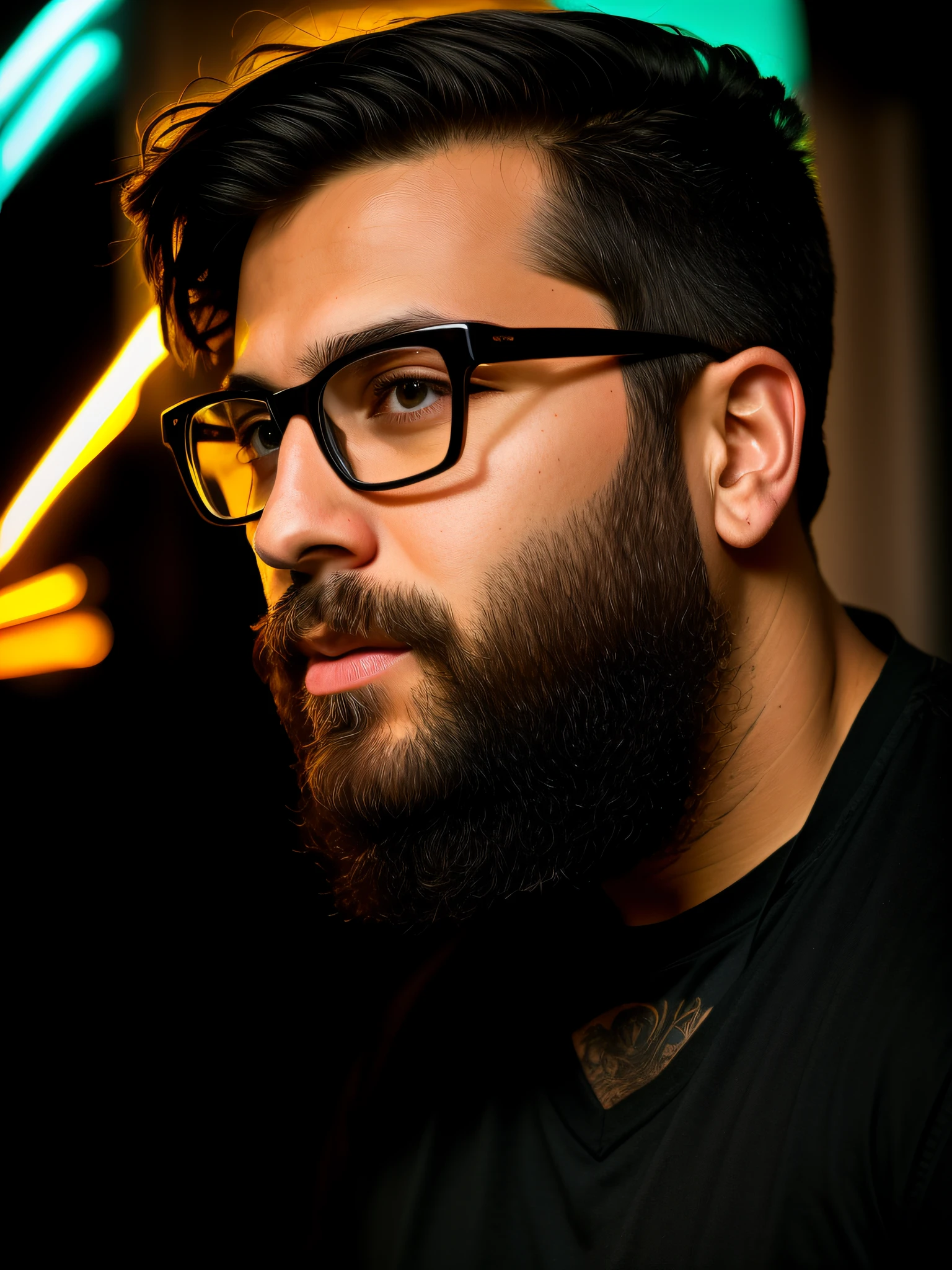 arafed man with glasses and beard in front of a neon background, high quality portrait, 8k shot portrait, mid shot portrait, detailed portrait shot, cinematic headshot portrait, profile portrait, closeup portrait photo, epic and elegant portrait, man with glasses, 4k color photography portrait, profile photo, illuminated side, portrait of a cyberpunk man,  well-defined beard, brown eyes and black T-shirt --auto --s2