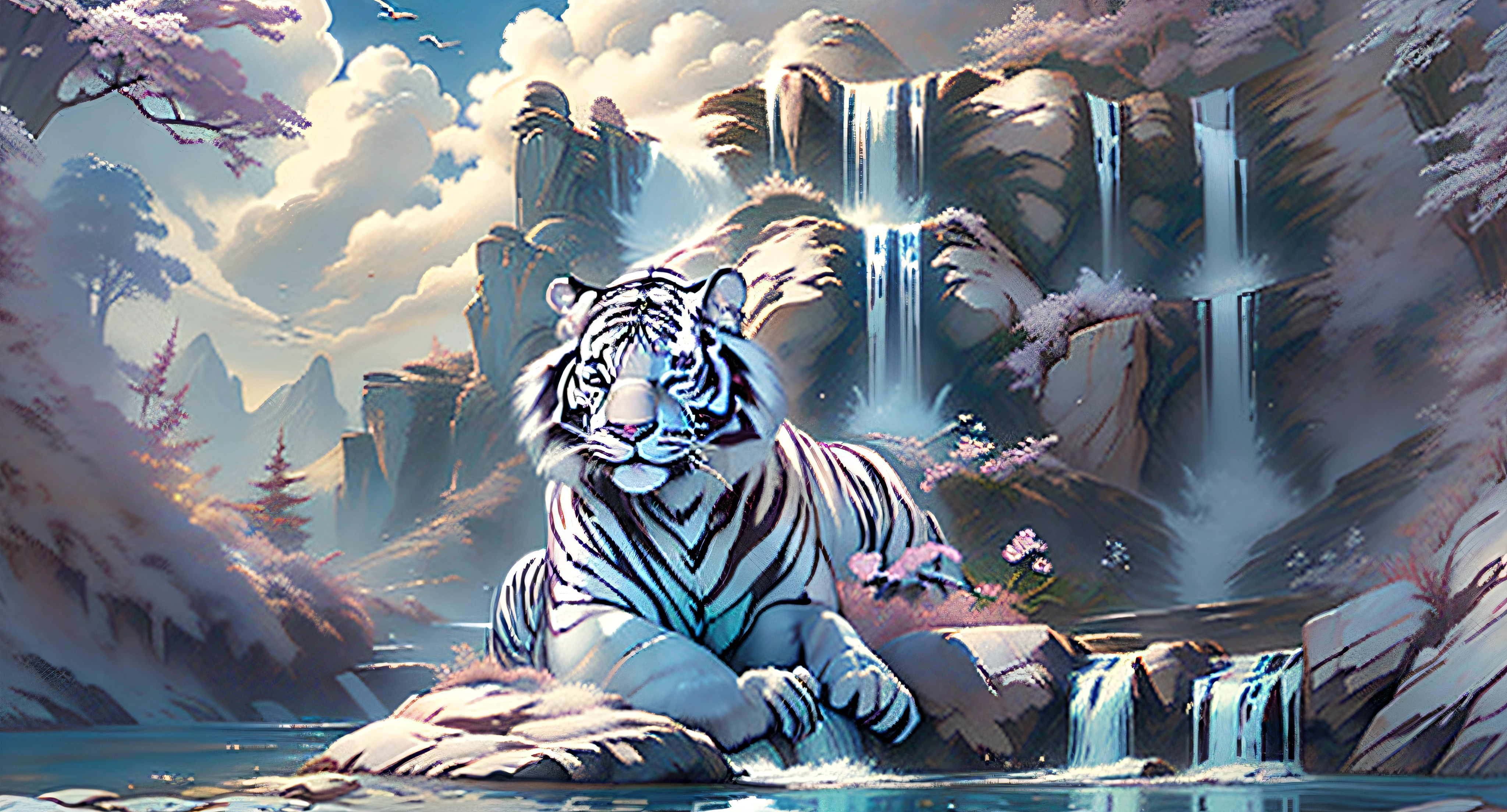 national tide, sky, scattered and picturesque, wonderland, ((a white tiger) hovering in the sky, composed diagonally),wonderland, floating mountain (floating), strange mountain, beautiful water, waterfall, dangerously handsome, lake, stream, sky, strange tree, fairy palace, vista, extreme detail, ultra wide angle, ((no one))
