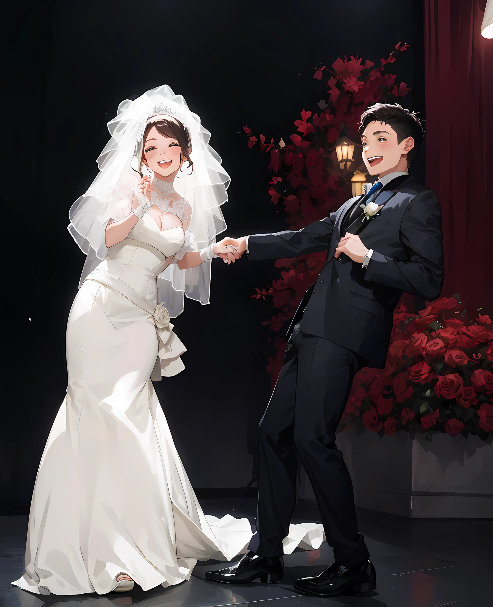 Beautiful bride and handsome groom, wedding hall, boy holding girl's hand, laughing, eyes open, masterpiece, masterpiece, HD, fine facial depiction, boy looking at girl, (surrealism: 1.3)