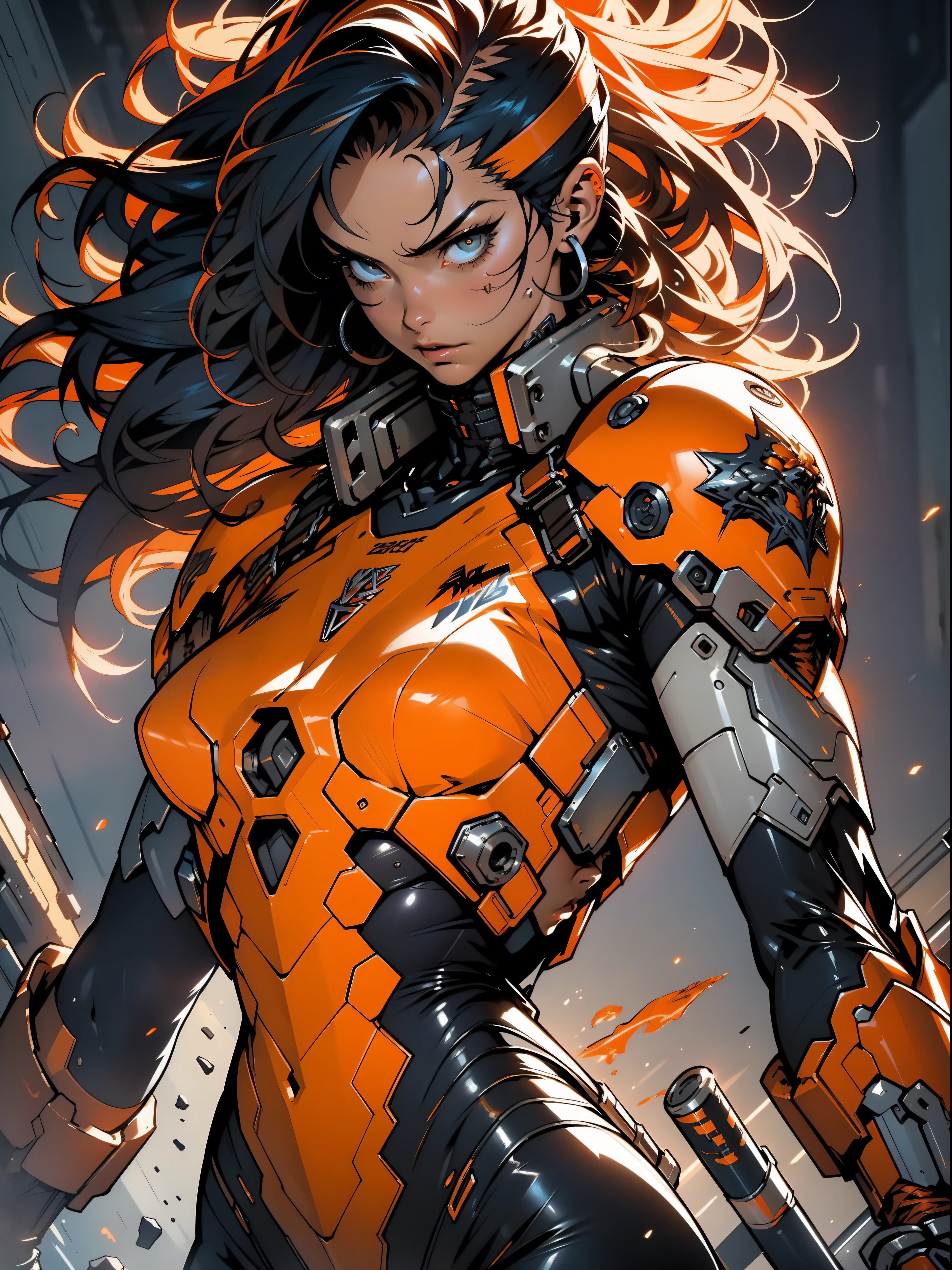 (((woman))), (((best quality))), (((masterpiece))), (((adult))), A muscular 35-year-old warrior woman nearly naked in Simon Bisley's urban savage style for the cover of Heavy Metal magazine, colorful mohawk hair, Minimal clothing, orange and blue carbon fiber armor full of ink-stained spikes and rivets,