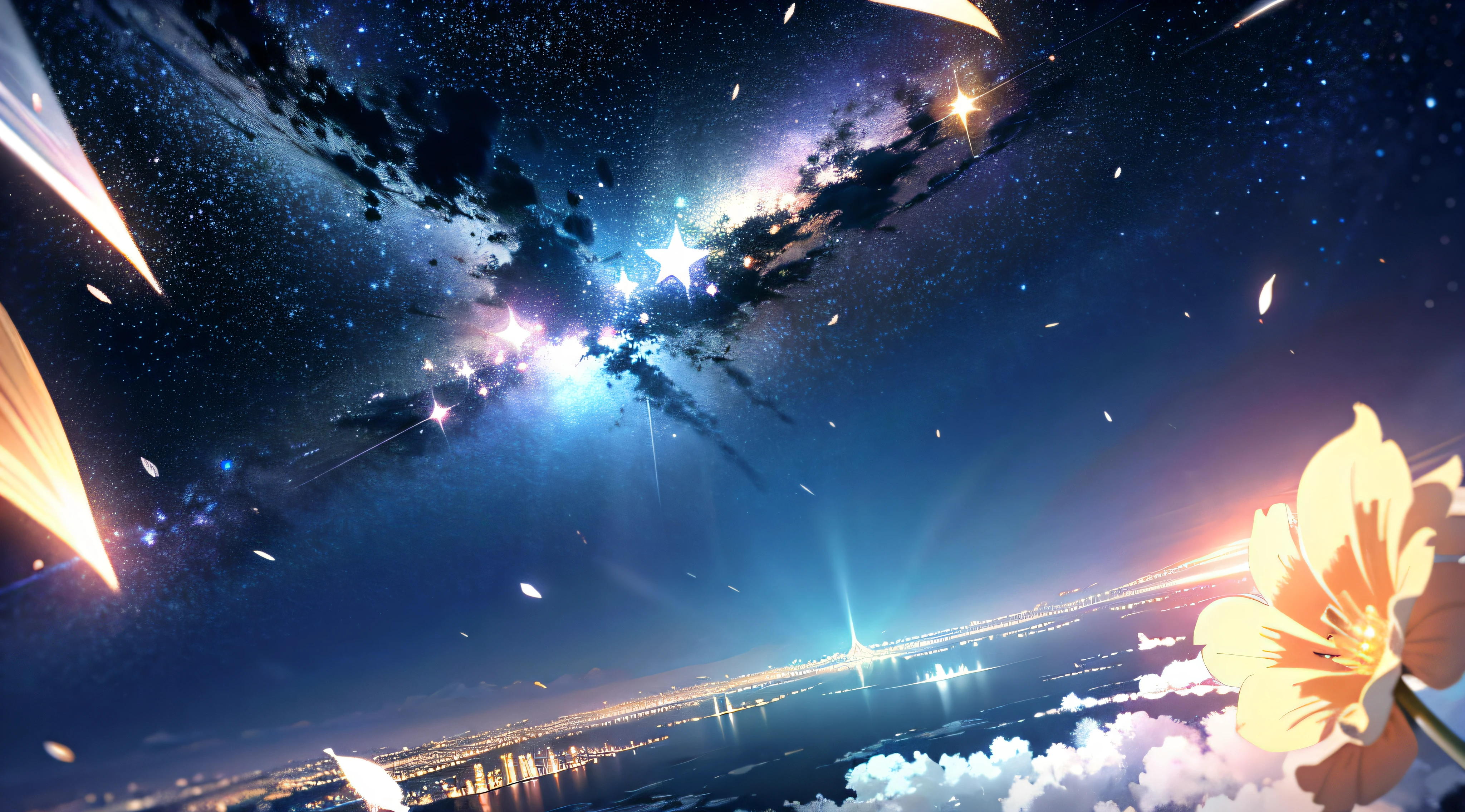 wallpaper, ridiculous resolution, high resolution, (masterpiece:1.4), super detailed, stars, seen from above, space, floating, night, delicate blue loght, --v 6