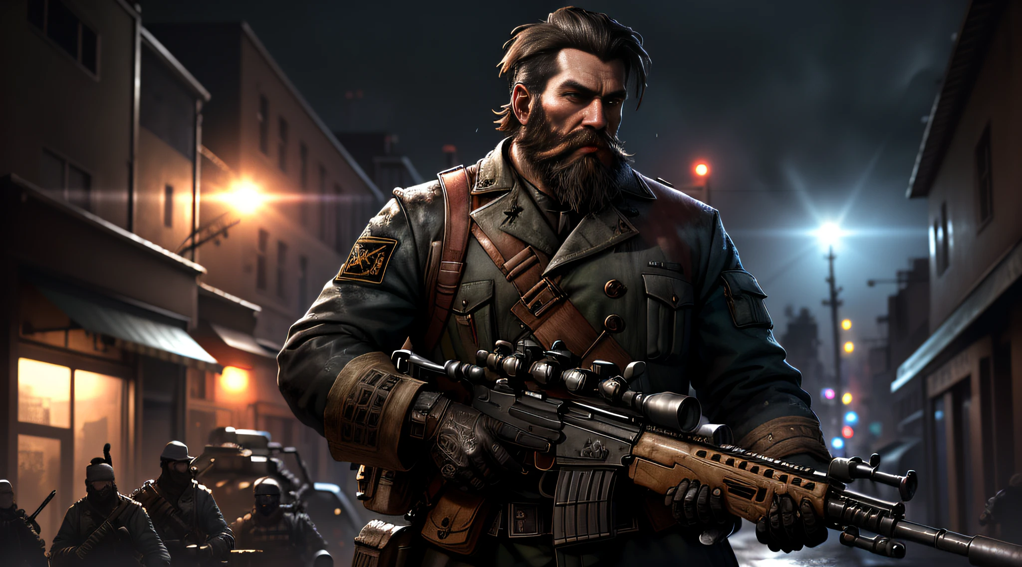 Guerrilla with worn black uniform, uses rifle, beard, Ruined background, realistic, stylish, rutkowski, hdr, intricate details, hyperdetailed, cinematic, rim light, danger atmosphere, noir, night, red light, dark street, rain, 4k, short hair