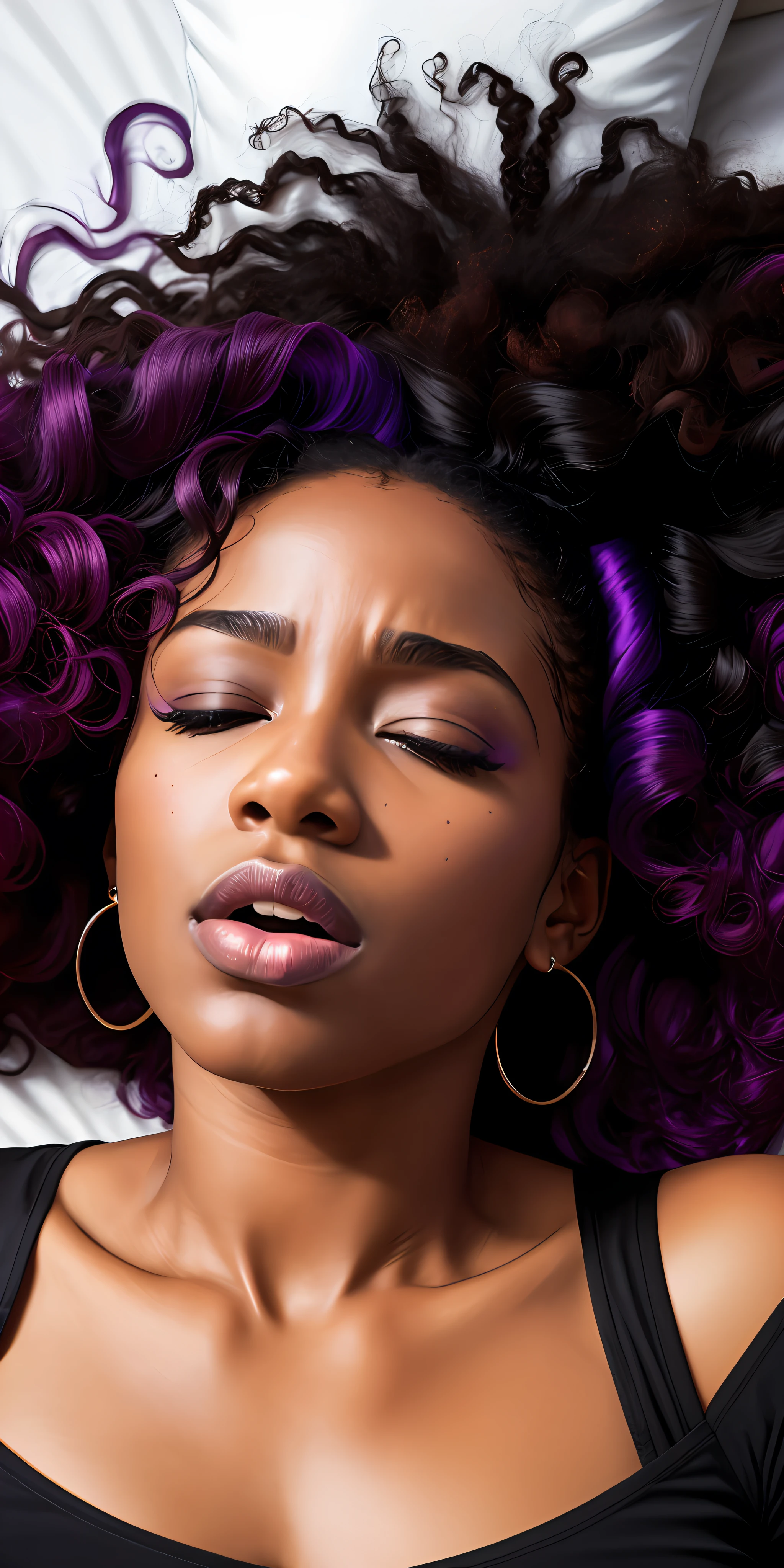 Woman lying down, hair loose, face of pain, moaning in pain, mouth, details, (black skin), curly hair, (Ultra HD), tight neckline, purple clothing, hands on head, lying on bed, (close-up)