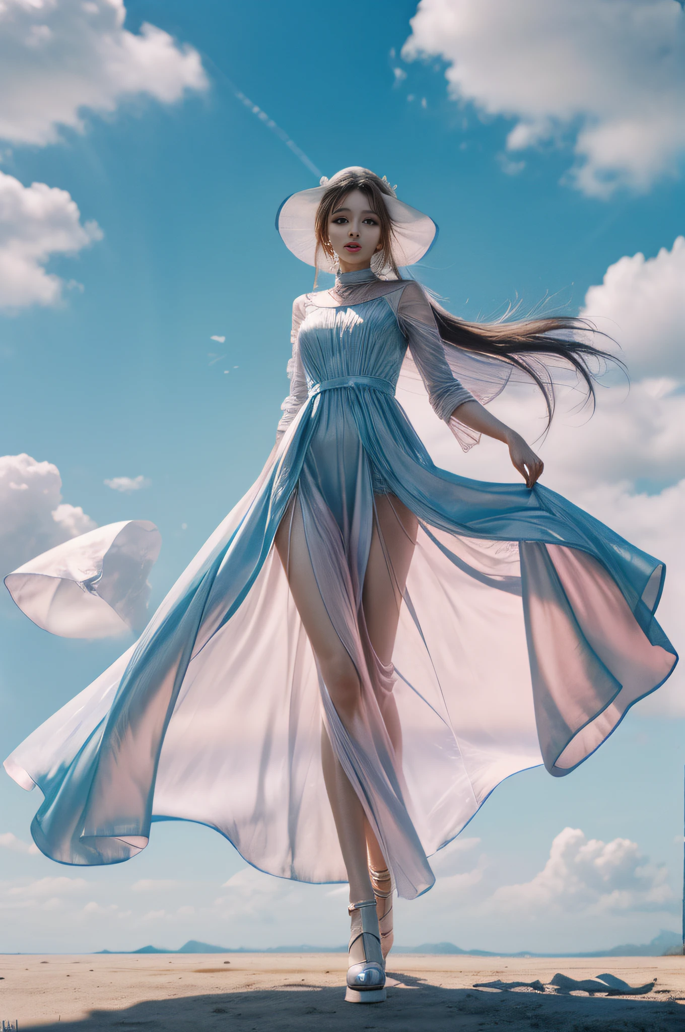 (8k, RAW photo, photorealistic:1.25), ( lip gloss, eyelashes, glossy side, shiny skin, best quality, ultra high resolution, depth of field, chromatic aberration, caustics, wide light, natural shadows, headwear, Kpop idol), (dreamy and romantic compositions: 1.5), light pink style, 1girl, (sky witch: 1.5), tall and thin beauty goddess, flowing dress, conservative girl, cloud goddess, flowing realistic fabric, wearing flowing dress, realistic, blue sky in background, (wind: 1.5), (full body: 1.5), add_detail,