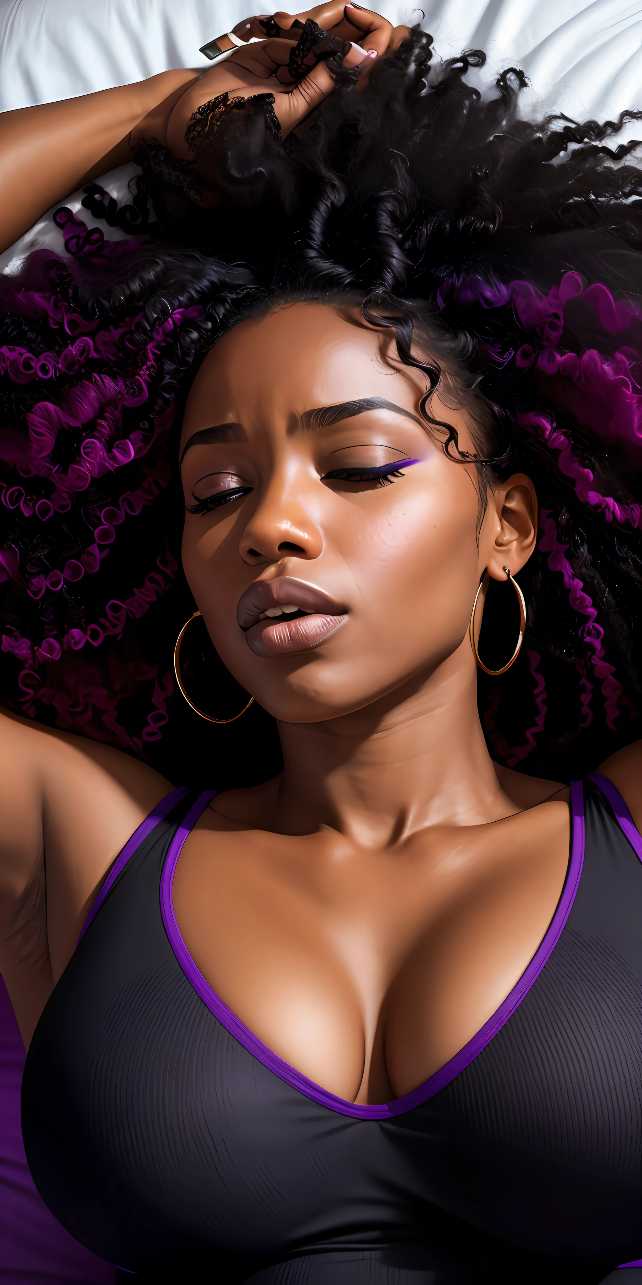 Woman lying down, hair loose, face of pain, moaning in pain, mouth, details, (black skin), curly hair, (Ultra HD), tight neckline, purple clothing, hands on head, lying on bed, (close-up)