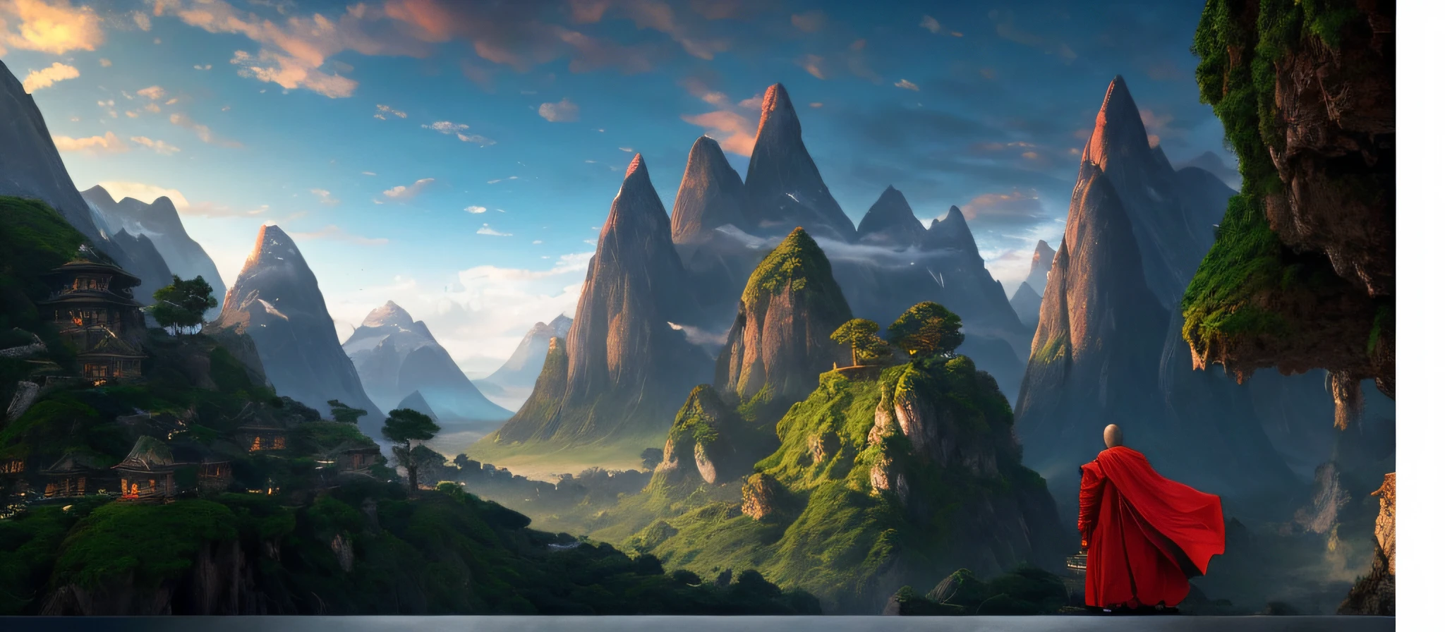 Portrait of a man in red cloak monk standing in front of a mountain, avatar landscape, 4k vertical wallpaper, 4k vertical wallpaper, epic matte painting of an island, 8k vertical wallpaper, 8k vertical wallpaper, 8k matte painting, 8k matte painting, 4k matte painting, epic cinematic matte painting, majestic matte painting