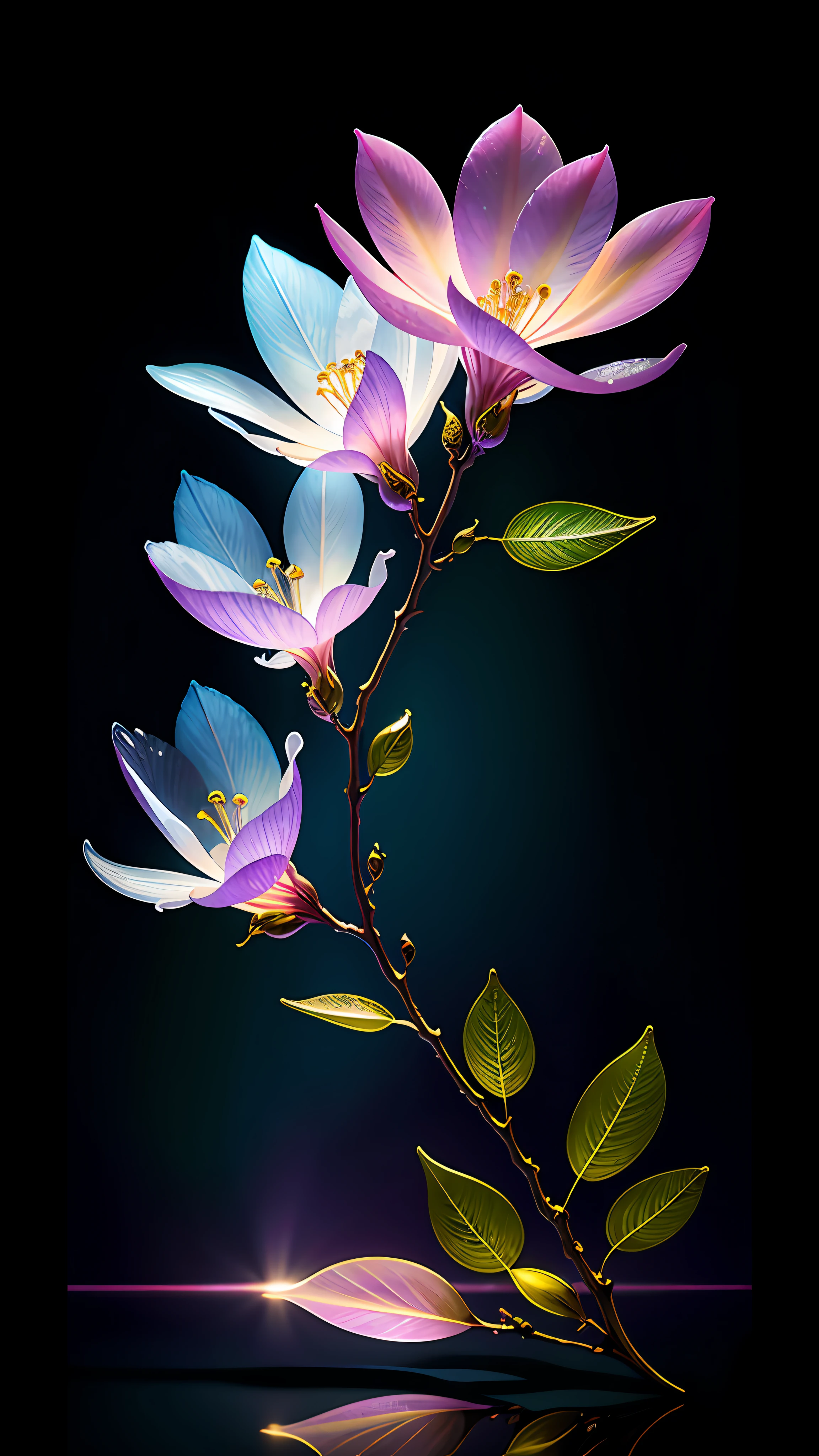 branch of delicate lilac flowers, super transparent, holy light, beautiful spectral light, petals glow, flashing, dark background, drops of transparent light, reflective light, bright, light streaming in, optics, portrait profile, sharp focus, magical, intricate, ultra realistic, fantasy, composition, light, trend on artstation, pearl, patronus cloud of silvery vapor, corrosive enveloping ray family, 8k, ureal ar 23v4 uplight