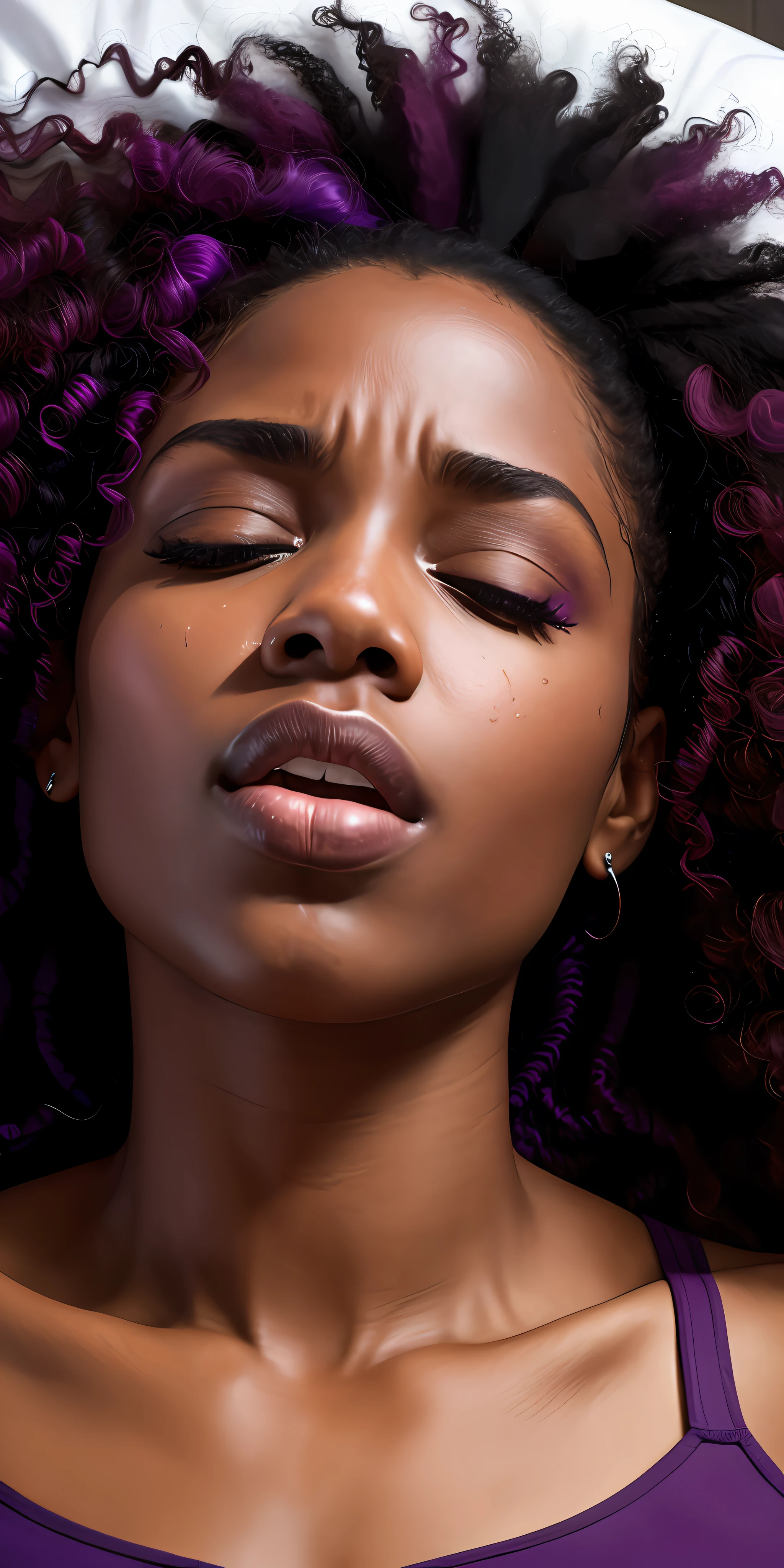 Woman lying down, hair loose, face of pain, moaning in pain, mouth, details, (black skin), curly hair, (Ultra HD), tight neckline, purple clothing, hands on head, lying on bed, (close-up)