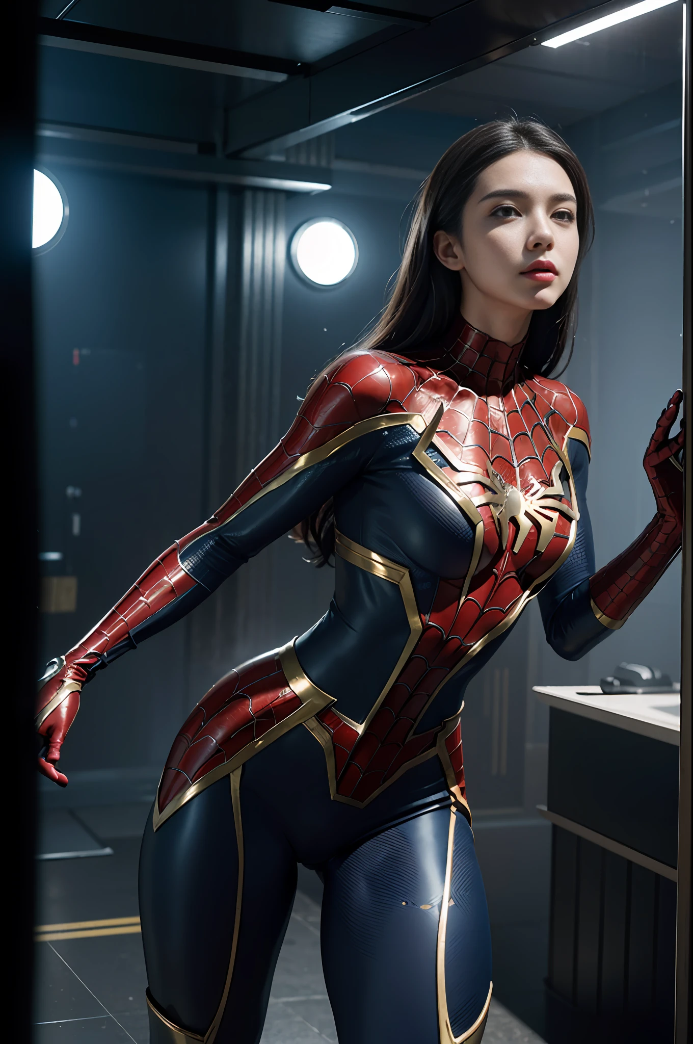 RAW, Masterpiece, Super Fine Photo,, Best Quality, Ultra High Resolution, Photorealistic, Sunlight, Full Body Portrait, Stunningly Beautiful, Dynamic Poses, Delicate Face, Vibrant Eyes, (Side View) , she is wearing a futuristic Iron Lady Spiderman costume, very detailed background, detailed face, detailed and complex busy background, messy, gorgeous, milky, high detailed skin, realistic skin details, visible pores, sharp focus, Volumetric fog, 8k uhd, dslr, high quality, film grain, fair skin, photorealism, lomography, sprawling metropolis in a futuristic dystopia, view from below, translucent