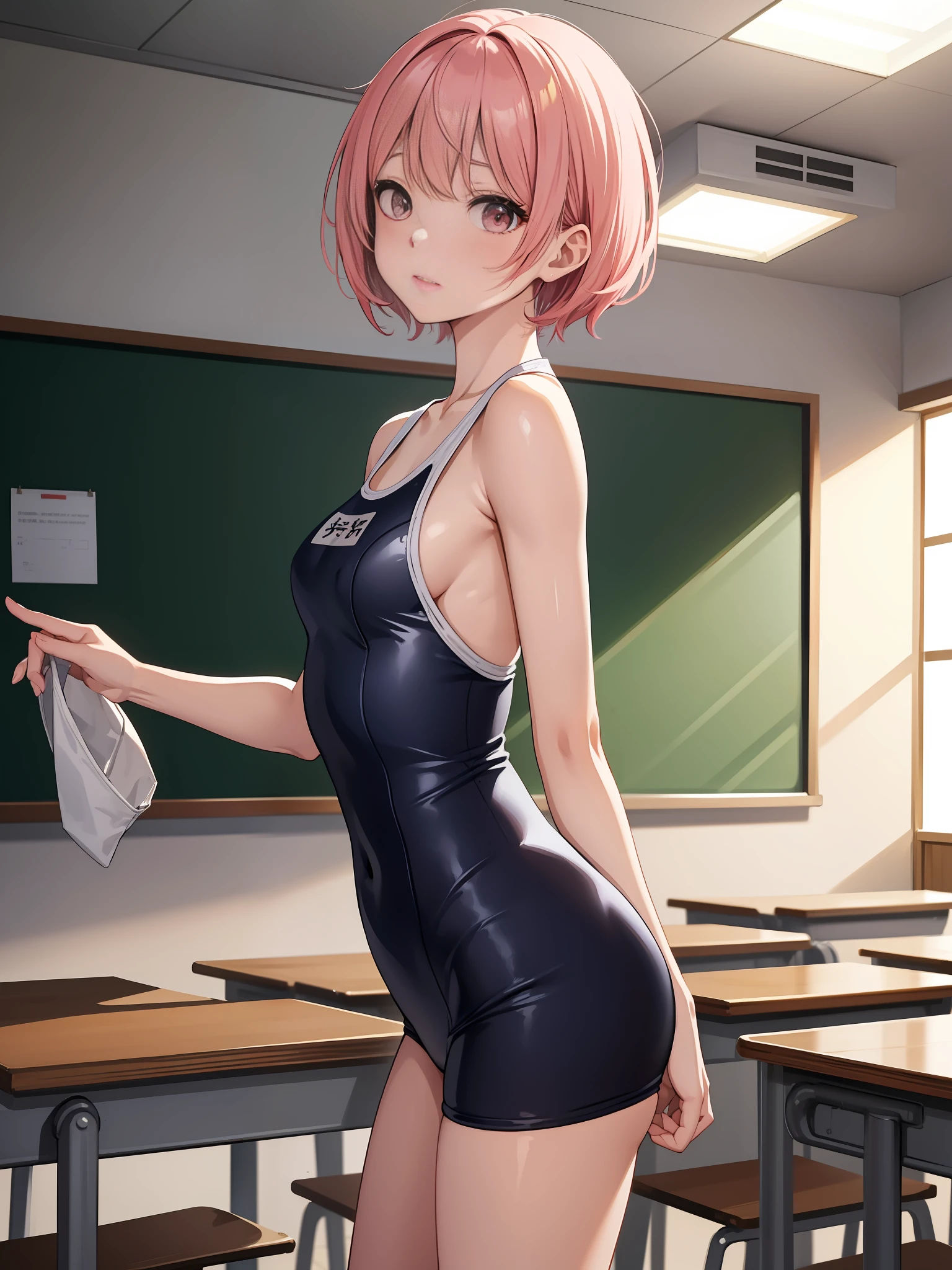 {Japan Slender Beauty}, High Definition, Best Quality, {Masterpiece}, Super Detail, {School Swimsuit}, Caustics, Detail, Movie Lighting, Pink Shorthair, No Red Cheeks, School Classroom