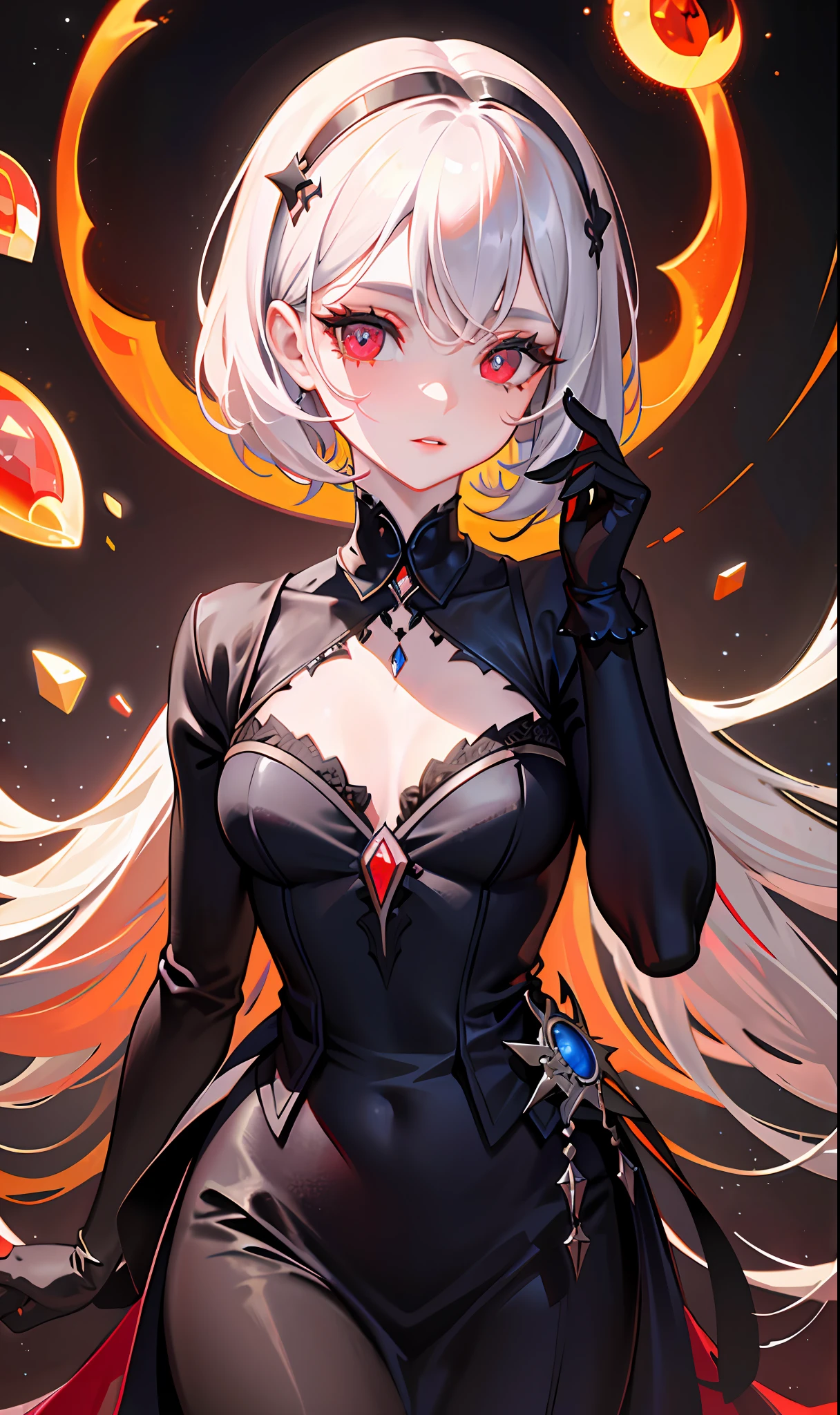 (Masterpiece, Side Light, Fine Beautiful Eyes: 1.2), (Masterpiece * Portrait), Portrait, (Bust), Realistic, 3D Face, Sweet Skin, (Solo), (Face Close-up), (Fire Opal General Scarlet Eyes), Hanging Corner of the Eye, ((High Detail Skin, Visible Pores)), (Perfect Figure), A Beautiful Girl, Small Tits, ((Gothic Style Costume)), (Neck Ring), (Short Glove as Short as Half the Palm)