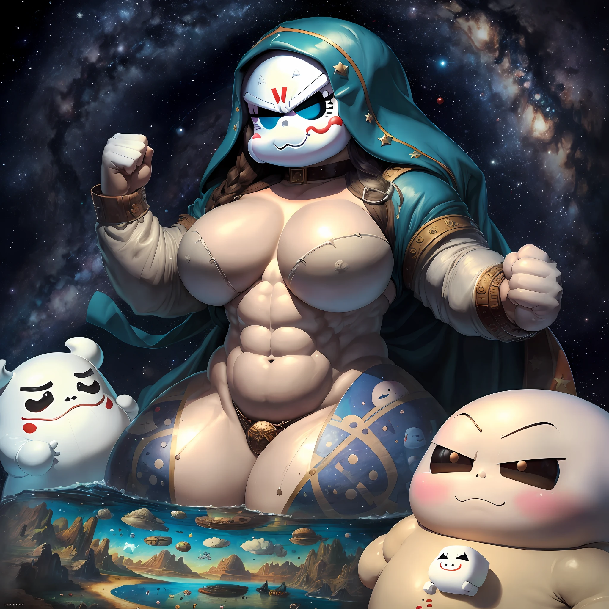Mona Lisa, muscle docking,Stay-Puft Marshmallow Man,space , very angry,abs,bald, beard --auto --s2