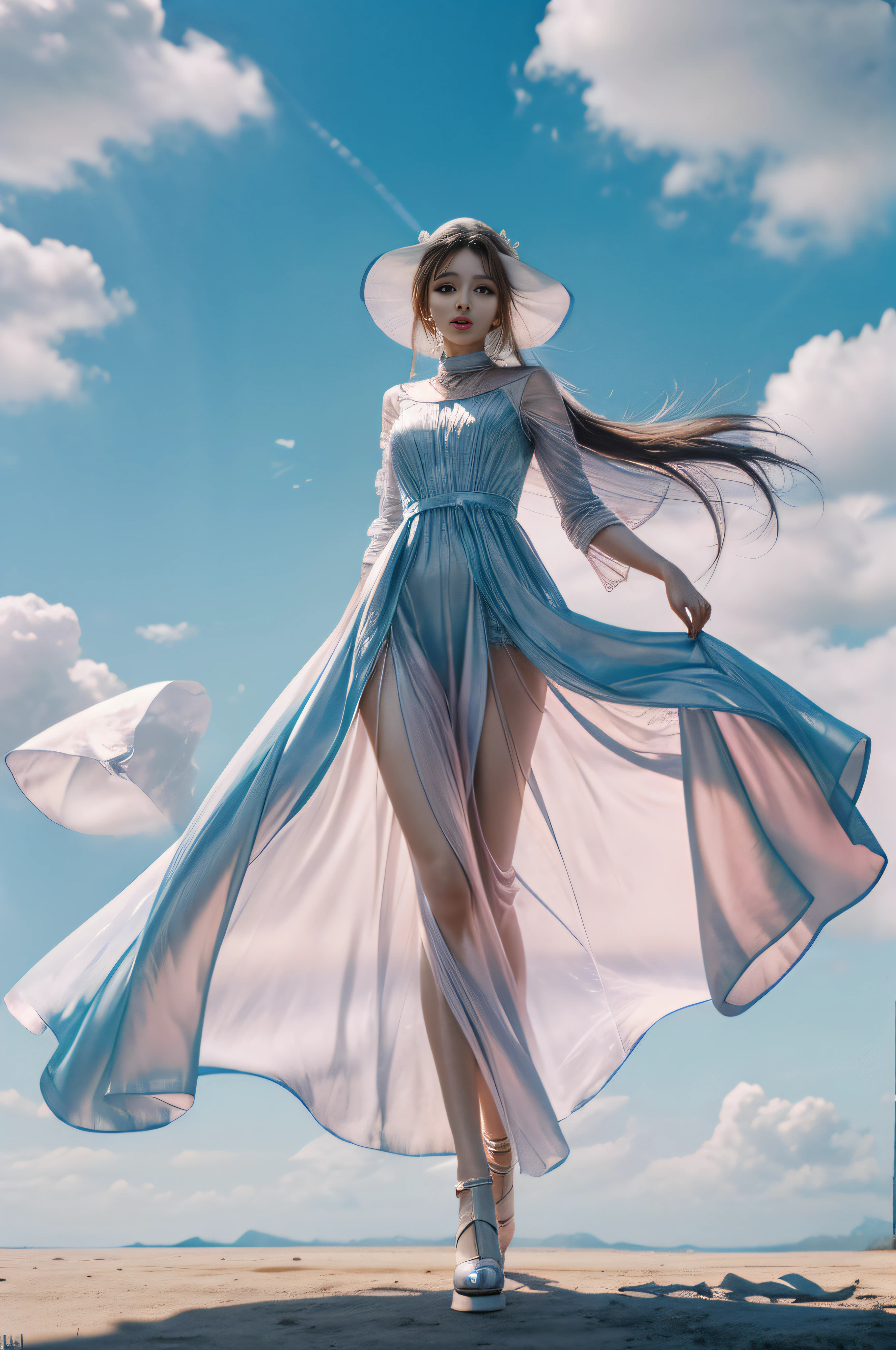 (8k, RAW photo, photorealistic:1.25), ( lip gloss, eyelashes, glossy side, shiny skin, best quality, ultra high resolution, depth of field, chromatic aberration, caustics, wide light, natural shadows, headwear, Kpop idol), (dreamy and romantic compositions: 1.5), light pink style, 1girl, (sky witch: 1.5), tall and thin beauty goddess, flowing dress, conservative girl, cloud goddess, flowing realistic fabric, wearing flowing dress, realistic, blue sky in background, (wind: 1.5), (full body: 1.5), add_detail,