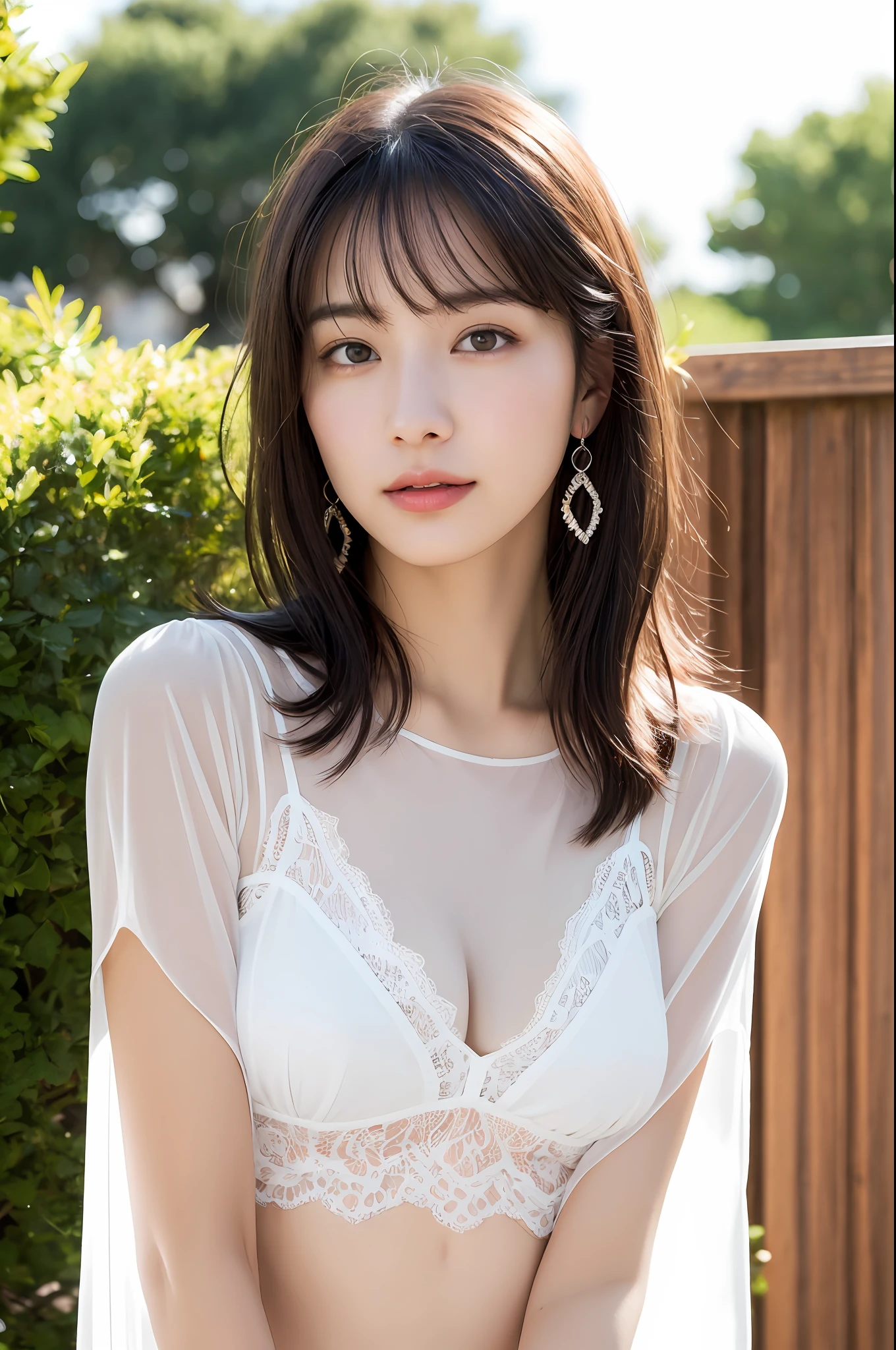 (8k, RAW Photo, Best Quality, Masterpiece:1.2), Ultra Detail, Super Resolution, (Realistic, Realistic Photo:1.37), Portrait, High Detail RAW Color Photo, Professional Photo, Extremely Detailed and Beautiful, Extremely detailed, 8k wallpaper, amazing and detailed, huge file size, official art, highly detailed CG unity 8k wallpaper, highly detailed beautiful girl, highly detailed face, highly detailed eyes, highly detailed skin, highly detailed fingers, highly detailed nose, very detailed detailed mouth , perfect anatomy, highly detailed background, highly detailed clothes, 1girl, (20:1.2), 20s, cute girl, realistic body, petite, fair skin, glowing skin , slim body, handsome body, black hair , short hair, (blunt bangs:1.2), smile, cute, youthful, cute face, realistic face, delicate eyes, drooping eyes, lingerie, see-through, earrings, looking at viewer, cowboy shot, facing front, standing posture, Contraposto, dynamic lighting, very large breasts, cowboy shot