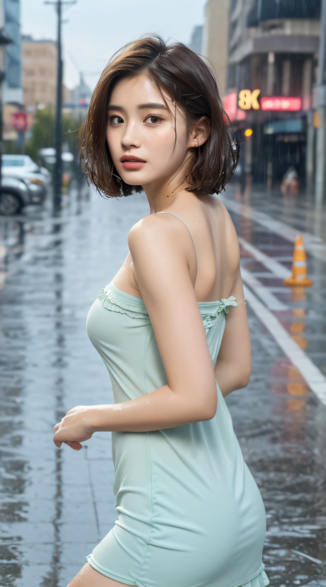 ((Best Quality, 8k, Masterpiece:1.3)), Focus:1.2, Perfect Body Beauty:1.4, Buttocks:1.2, ((Layered Haircut, Breasts:1.2)), (Wet Clothes:1.1) , (Rain, Street:1.3), Bandeau Dress: 1.1, Highly detailed face and skin texture, Fine eyes, Double eyelids, whitening skin,