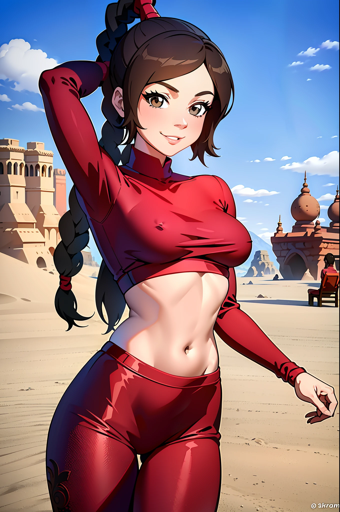 ultra-realistic 8K CG, masterpiece, ((ultra detailed background, fine drawing, intricate details, high detail, better quality fine details, hyper-detailed face)), (photorealistic: 1.4), beautiful lighting, absurdity, RAW photo, film grain, TyLee, 1girl, solo, brown hair, braid, smile, long hair, brown eyes, navel, belly, braided tail, (leggings, bra, red clothes), (medium breasts, slim girl, on face,), ((complex detailed background, sand, outside, desert background, blue sky, tavern)), erotica