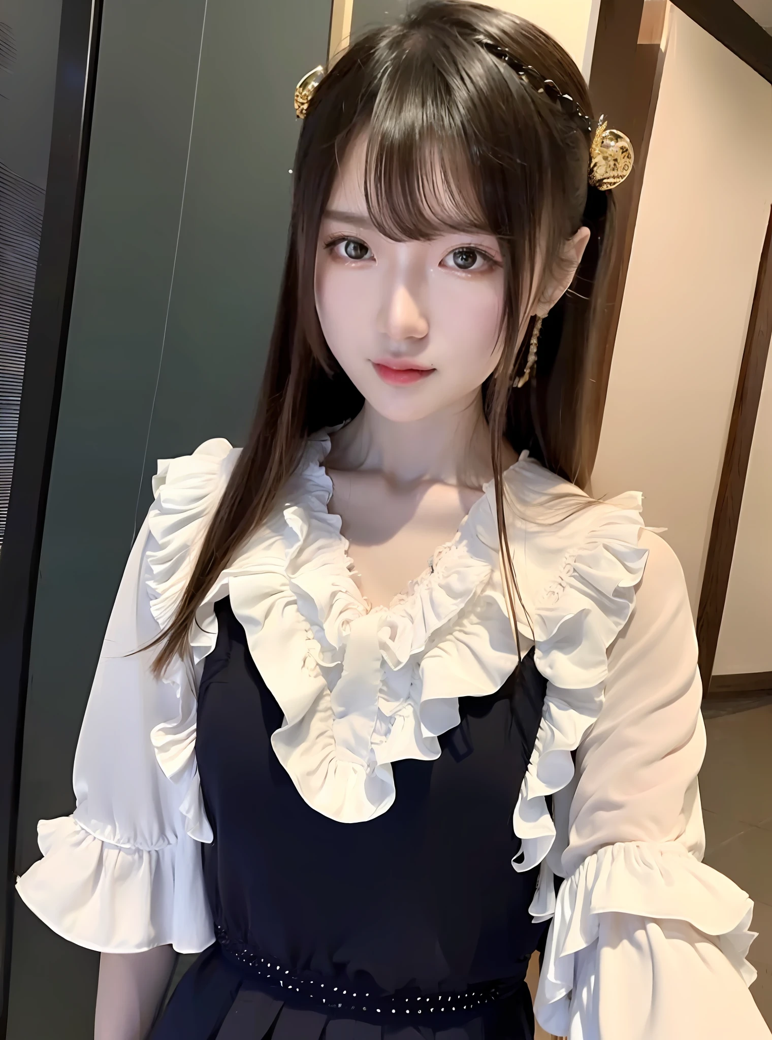 best quality, (逼真度:1.2), 1girl, solo, 详细脸, face focus, standing, black hair,(hair ornament:1.35), 校服, ribbon sleeves, 拆袖, ribbon trim, wide sleeves, (looking在观众：1.5）长发，黑眼睛，刘海，嘴唇，