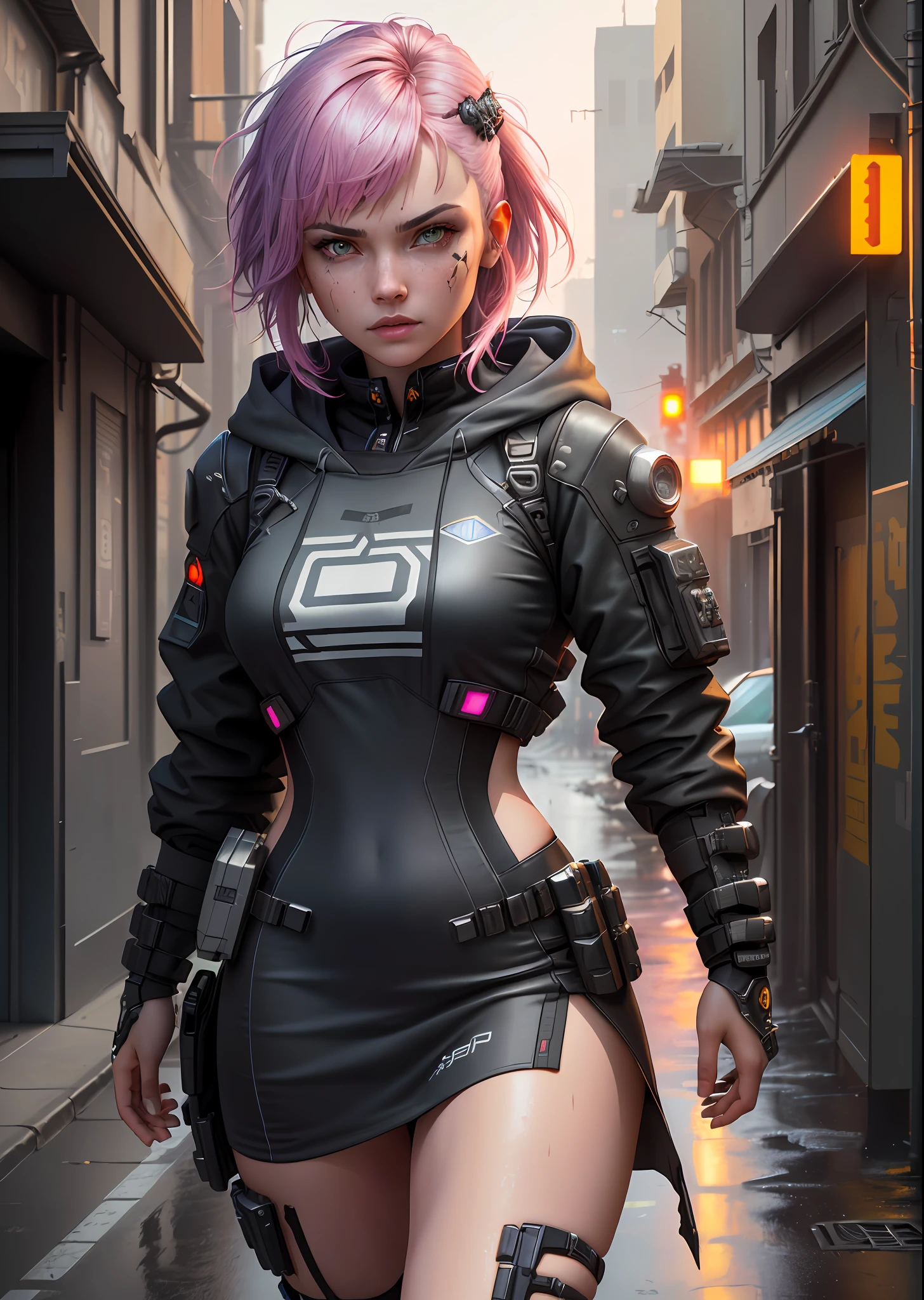 ((best quality)), ((masterpiece)), ((realistic)), (detailed), (1 girl) women, hood, arm tattoo, portrait, asymmetrical bangs, bandaid, short hair, bangs, breasts, freckles, gray eyes, large breasts, looking at the viewer, neck tattoo, nose piercing, pink hair, solo, face tattoo, upper body, detailed background, city, alley, dark alley, portrait, hood, night,  angry, close up, closed mouth, ((masterpiece)), absurd, wet skin, dynamic view, fair skin, , (detailed face), sunset, sweaty, dirt, post-apocalyptic, long hair, cyberpunk, (modelshoot style), nsfw, catastanna20, render 3d, beautiful, rendered in redshift, render 3d stylized, cyberpunk, sci-fi character rendering, sci-fi character, stylized as a 3d render, quality 8k, unreal engine 5, nvidia dlss,  ((Best Quality)), ((masterpiece)), (detailed: 1.4), 3D, cyberpunk, HDR (High Dynamic Range),Ray Tracing, NVIDIA RTX, Super-Resolution, Unreal 5, Subsurface Dispersion, PBR Texture, Post-processing, Anisotropic filtering, Depth of field, Maximum clarity and sharpness, realistic details, without duplicating parts of the character, attention to small details.