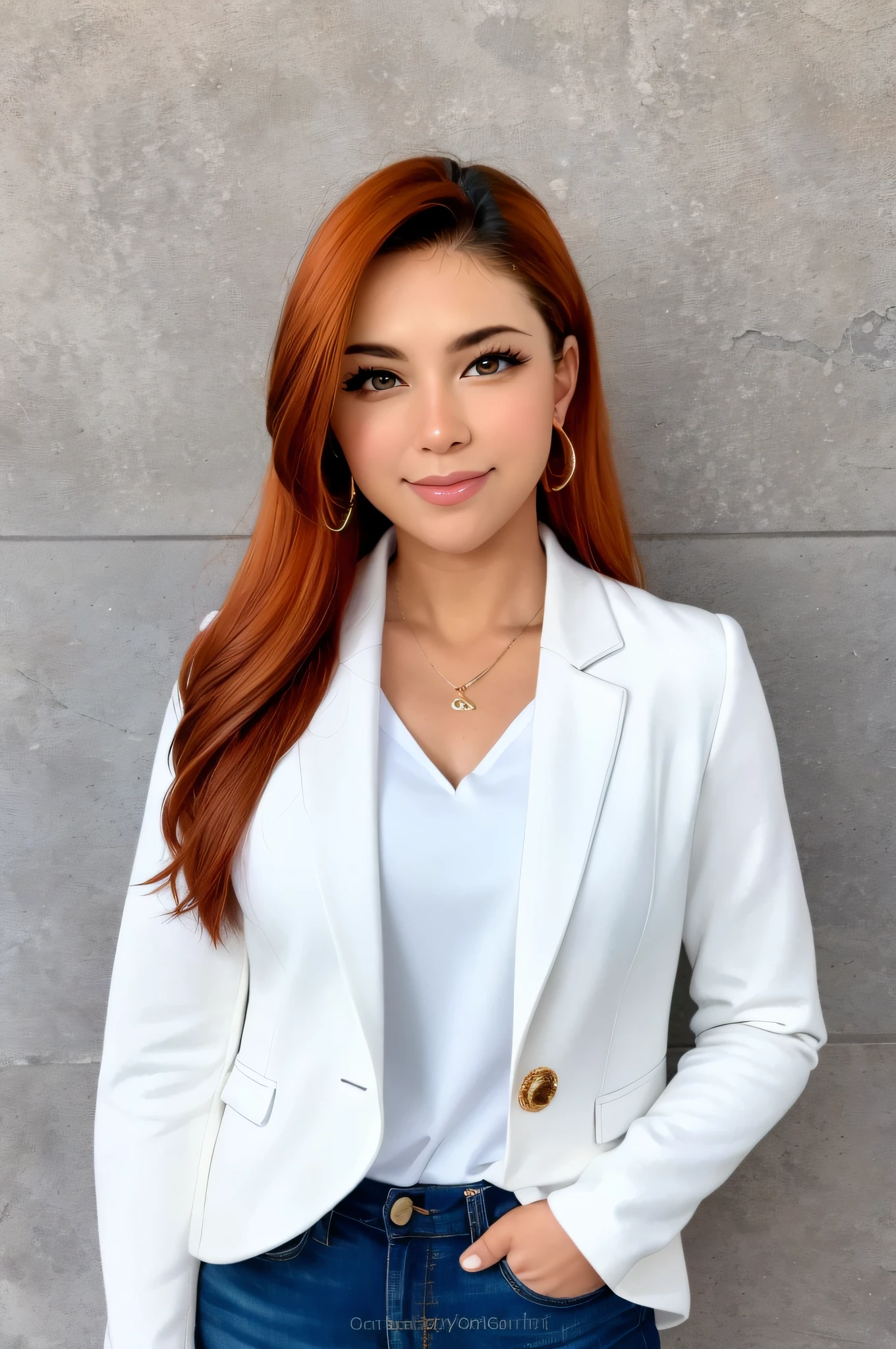 A closeup of a woman wearing a white jacket and jeans, realistic anime style