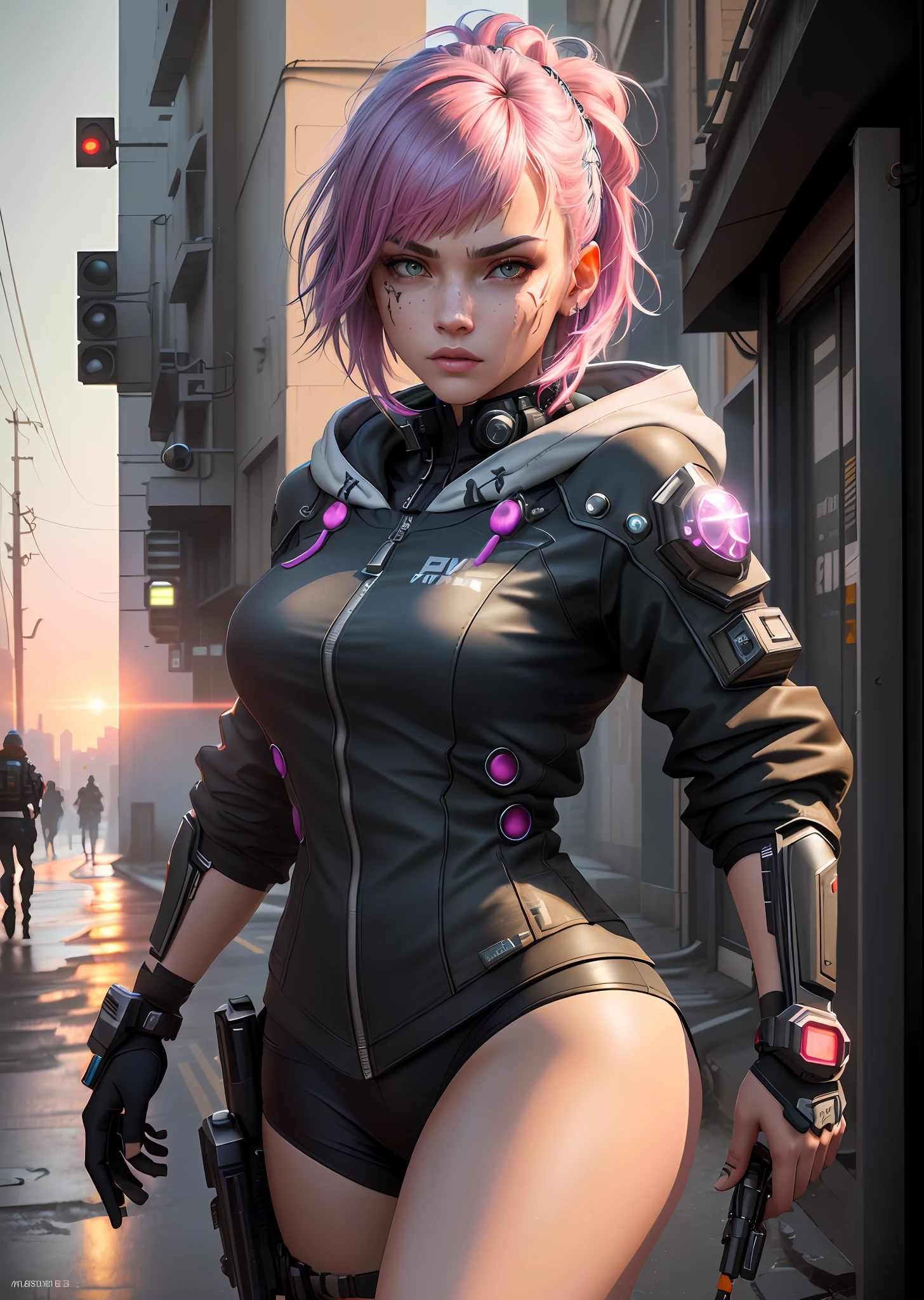 ((best quality)), ((masterpiece)), ((realistic)), (detailed), (1 girl) women, hood, arm tattoo, portrait, asymmetrical bangs, bandaid, short hair, bangs, breasts, freckles, gray eyes, large breasts, looking at the viewer, neck tattoo, nose piercing, pink hair, solo, face tattoo, upper body, detailed background, city, alley, dark alley, portrait, hood, night,  angry, close up, closed mouth, ((masterpiece)), absurd, wet skin, dynamic view, fair skin, , (detailed face), sunset, sweaty, dirt, post-apocalyptic, long hair, cyberpunk, (modelshoot style), nsfw, catastanna20, render 3d, beautiful, rendered in redshift, render 3d stylized, cyberpunk, sci-fi character rendering, sci-fi character, stylized as a 3d render, quality 8k, unreal engine 5, nvidia dlss,  ((Best Quality)), ((masterpiece)), (detailed: 1.4), 3D, cyberpunk, HDR (High Dynamic Range),Ray Tracing, NVIDIA RTX, Super-Resolution, Unreal 5, Subsurface Dispersion, PBR Texture, Post-processing, Anisotropic filtering, Depth of field, Maximum clarity and sharpness, realistic details, without duplicating parts of the character, attention to small details.