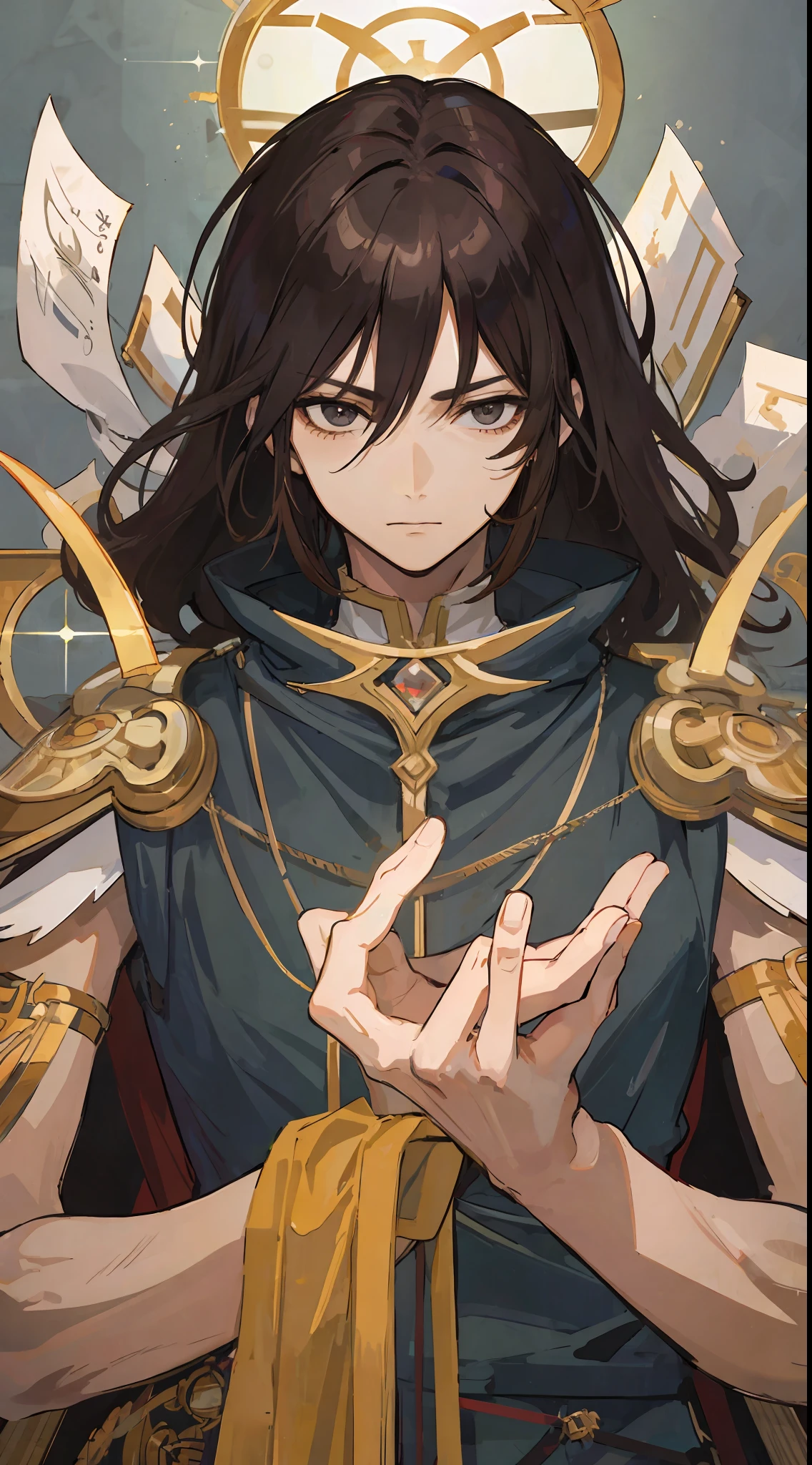 1Man, Brown hair, sharp black eyes, he is the God of Commerce, make it like tarot anime-style but no frame