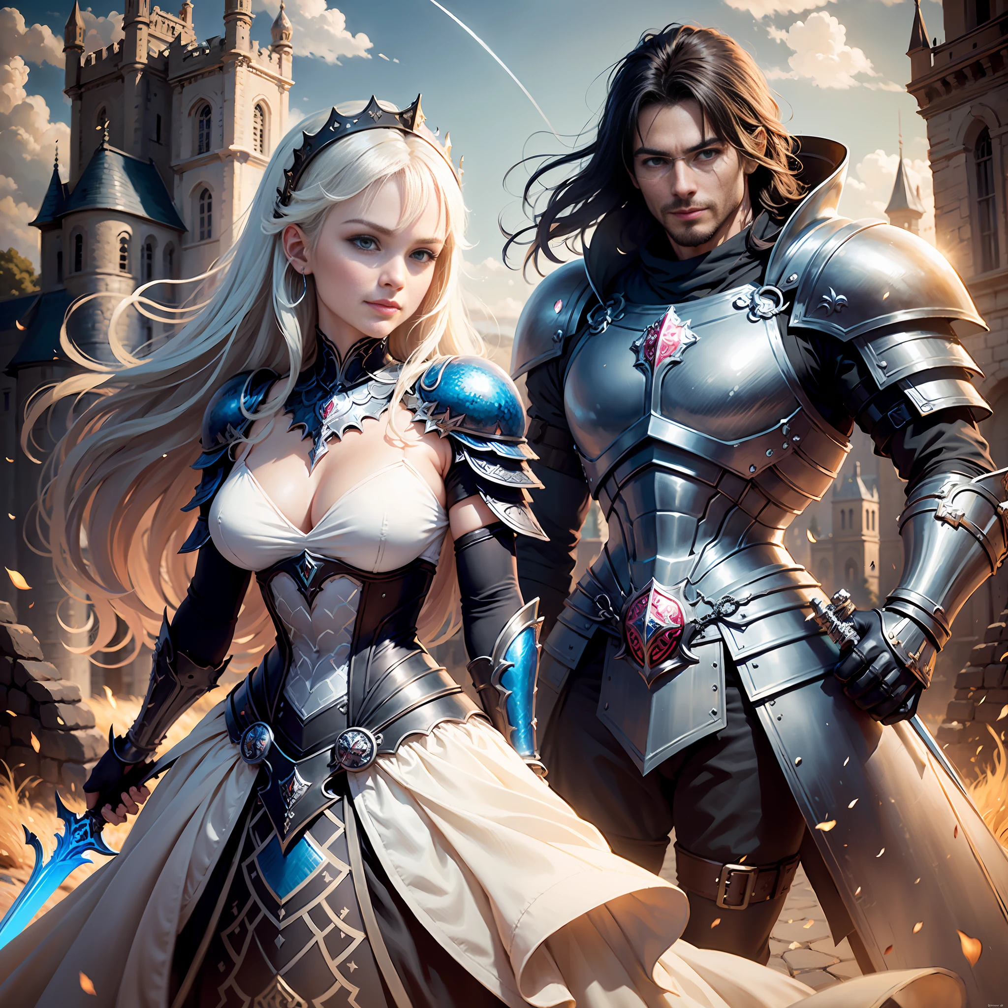(((Medium shot))), couple, ((a man and a woman)), two individuals, big sword, battle, gorgeous background, dark castle in the background, ((big sword)), frolic, hilarious , sweet, happy, smile, colored armor, colored chain mail, colored armor, happy, pretty eyes, playful, surrealism, pov, romanticism, cinematic lighting, 8K, UHD, masterpiece, ccurate, anatomically correct, textured skin, high detail, high quality, high resolution, Award-winning, best quality, 16K, bad body, bad hands, bad legs.