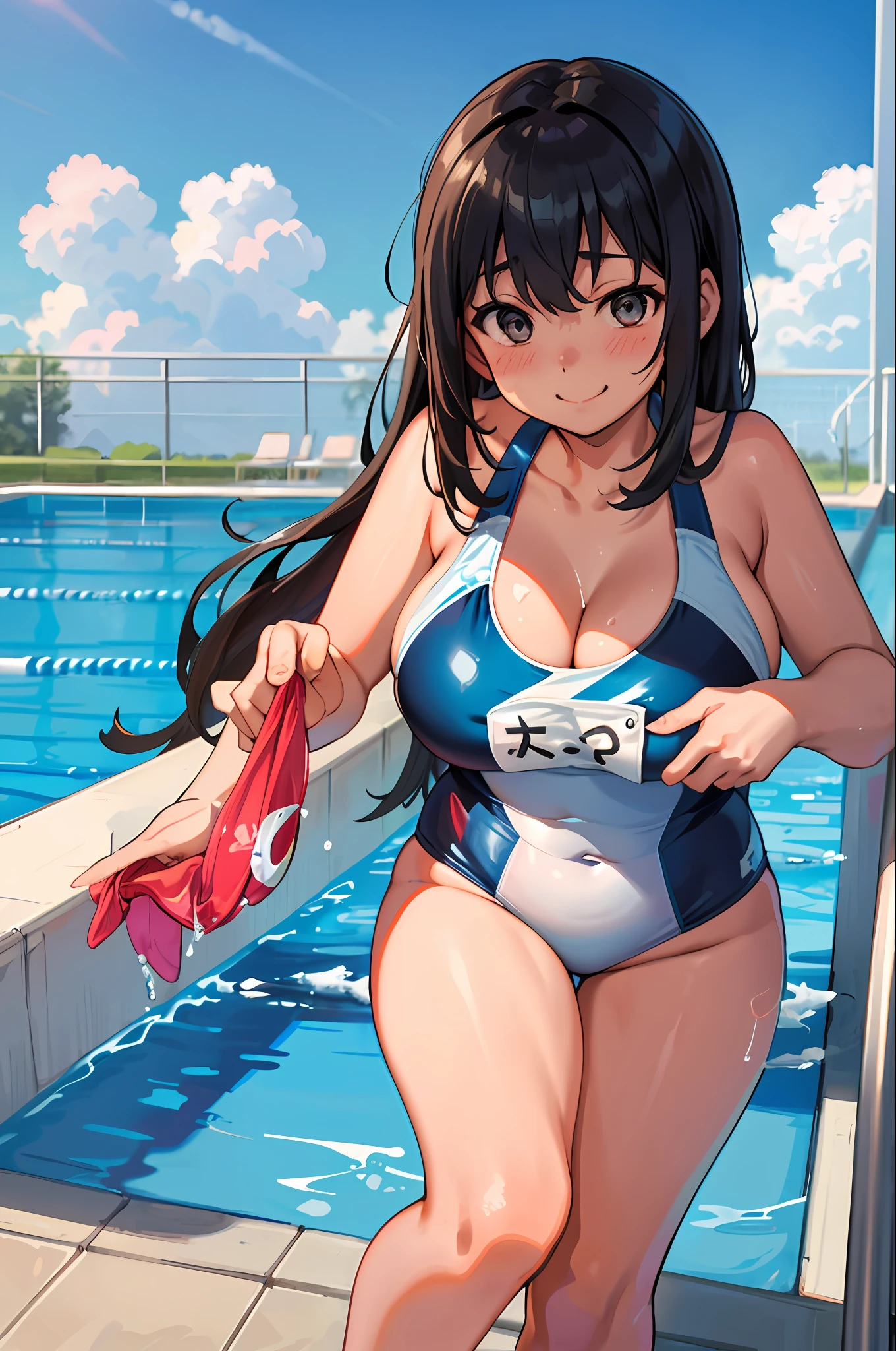 Original character, beautiful girl in one swimsuit, B99W66H110, chubby, plump, blush, sweat, tanned skin, cheeky smile, swimming club, competitive swimsuit, one-piece type swimsuit, sober swimsuit, , blue sky, cumulonimbus clouds, brilliant sun, sparkling water surface, school swimsuit, competitive swimming pool, shot from the front diagonally below, bust up, see-through, thin fabric swimsuit master-piece, hyper quality, hyper detailed, perfect drawing, CG, 3D, 8k, illustration (top quality, great detail: 1.25), (solo: 1.3), vivid colorful painting