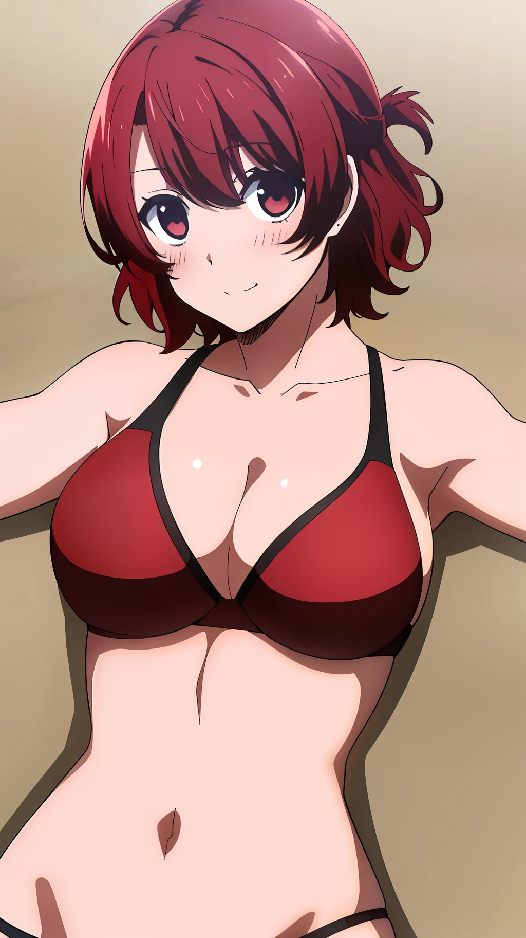 ((masterpiece)), ((best quality)), anriteieri, 1girl, medium breasts, short_hair, red_hair, red_eyes, on a beach, bikini, happy, blush