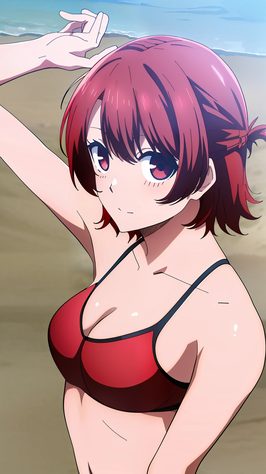 ((masterpiece)), ((best quality)), anriteieri, 1girl, medium breasts, short_hair, red_hair, red_eyes, on a beach, bikini, happy, blush