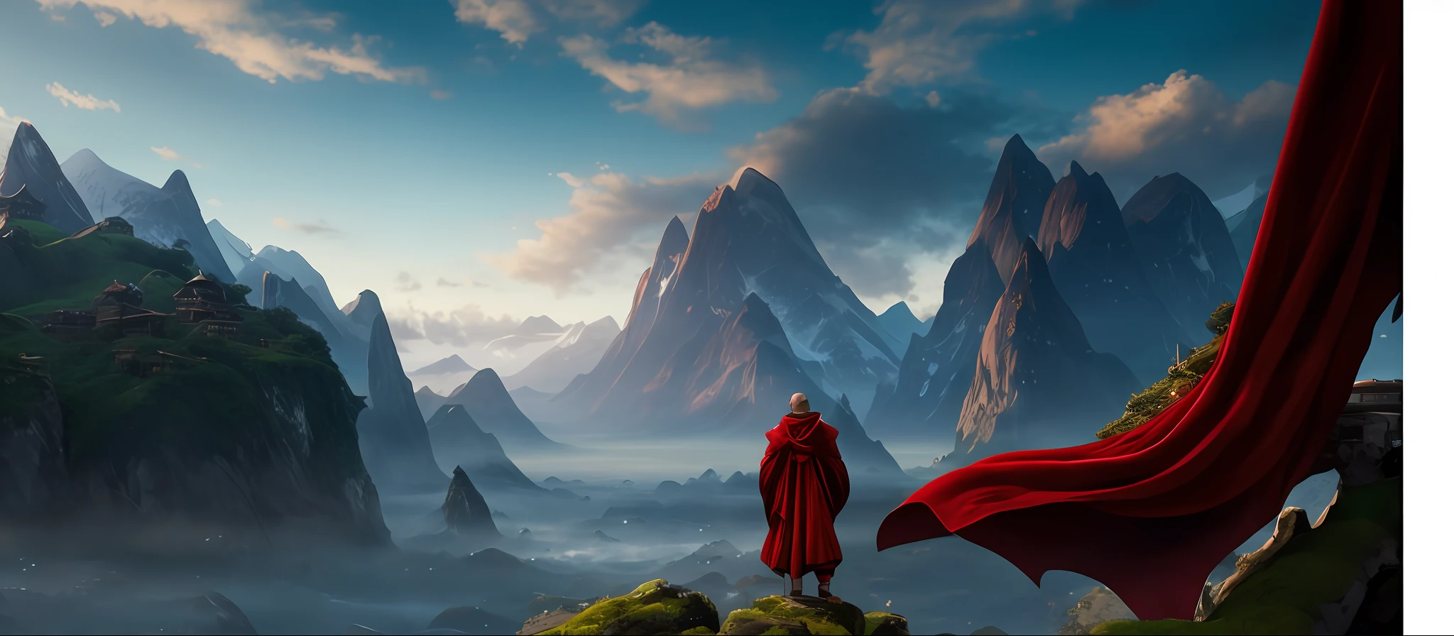 Portrait of a man in red cloak standing in front of a mountain, avatar landscape, 4k vertical wallpaper, 4k vertical wallpaper, epic matte painting of an island, 8k vertical wallpaper, 8k vertical wallpaper, 8k matte painting, 8k matte painting, 4k matte painting, epic cinematic matte painting, majestic matte painting