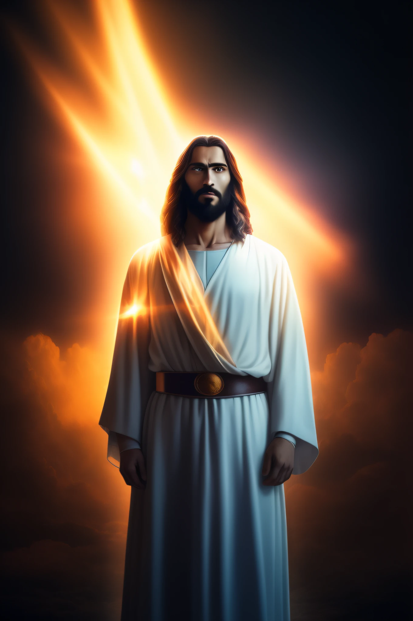 arafed image of a man dressed in a white robe and a belt, jesus christ, dressed like jesus christ, glowing god rays, portrait of jesus christ, holy sacred light rays, the lord and savior, jesus, young almighty god, bright light masterpiece, epic clouds and godlike lighting, tron legacy jesus christ, jesus christ going super saiyan