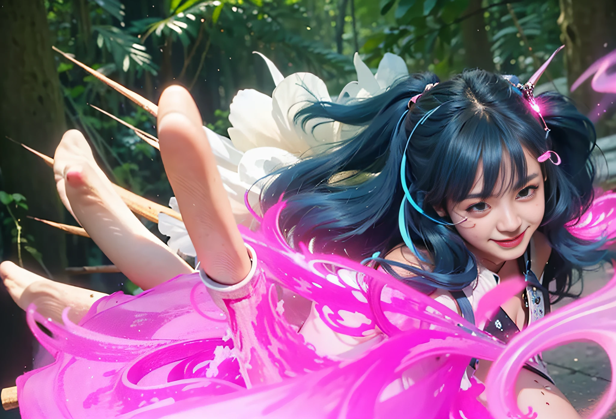 (female:1.2) (bodybuilder:0.8), hyper realistic, masterpiece, photorealistic, real skin, detailed face, detailed skin, detailed lighting, 1girl, (brown eyes), long hair, (blue hair) , large breasts, smile, closed mouth, pink flame in hand, amazing pose