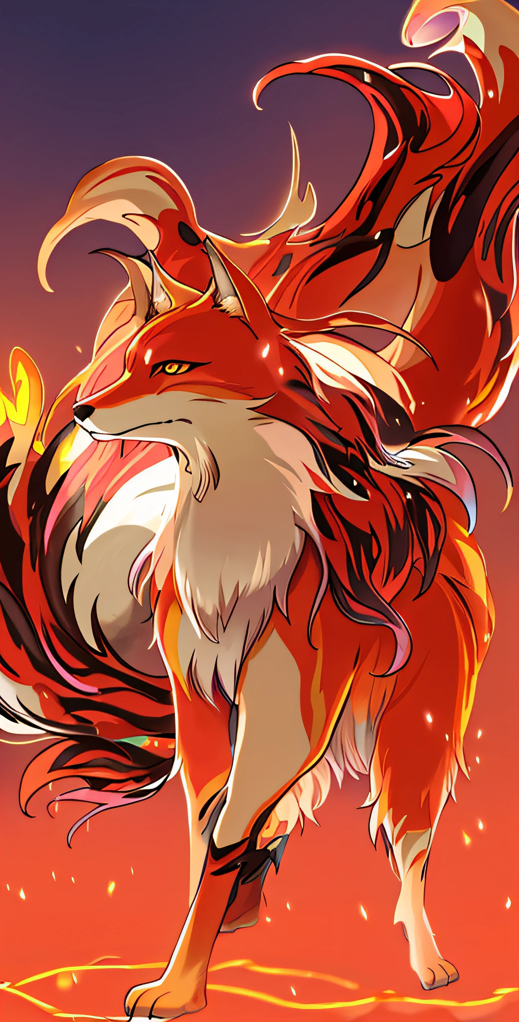 a close up of a cartoon fox with long hair on a field, fire type, nine tails, fox nobushi, three - tailed fox, ninetales, very very beautiful furry art, kitsune three - tailed fox, kitsune, fire!! full body, fursona art, ethereal fox, flame in the fur, firey, fire hair --auto --s2