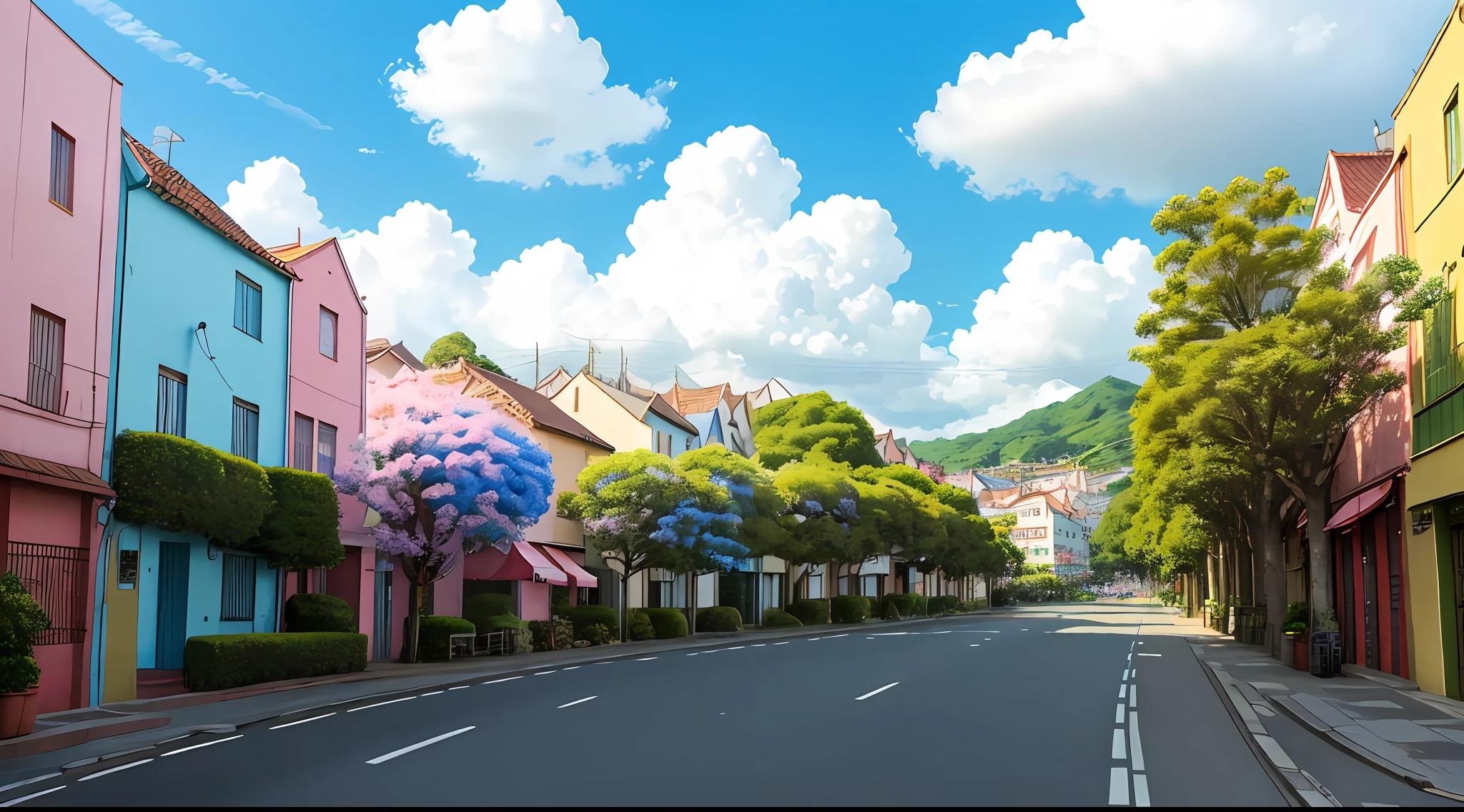 Ultra clear, 8k, cartoon characters, a cute town with streets full of laughter. Blue skies, white clouds, flowers and green trees decorate the entire street. People wear brightly colored clothes, happily walk through the lively streets, brightly colored, movie shots, Miyazaki style,