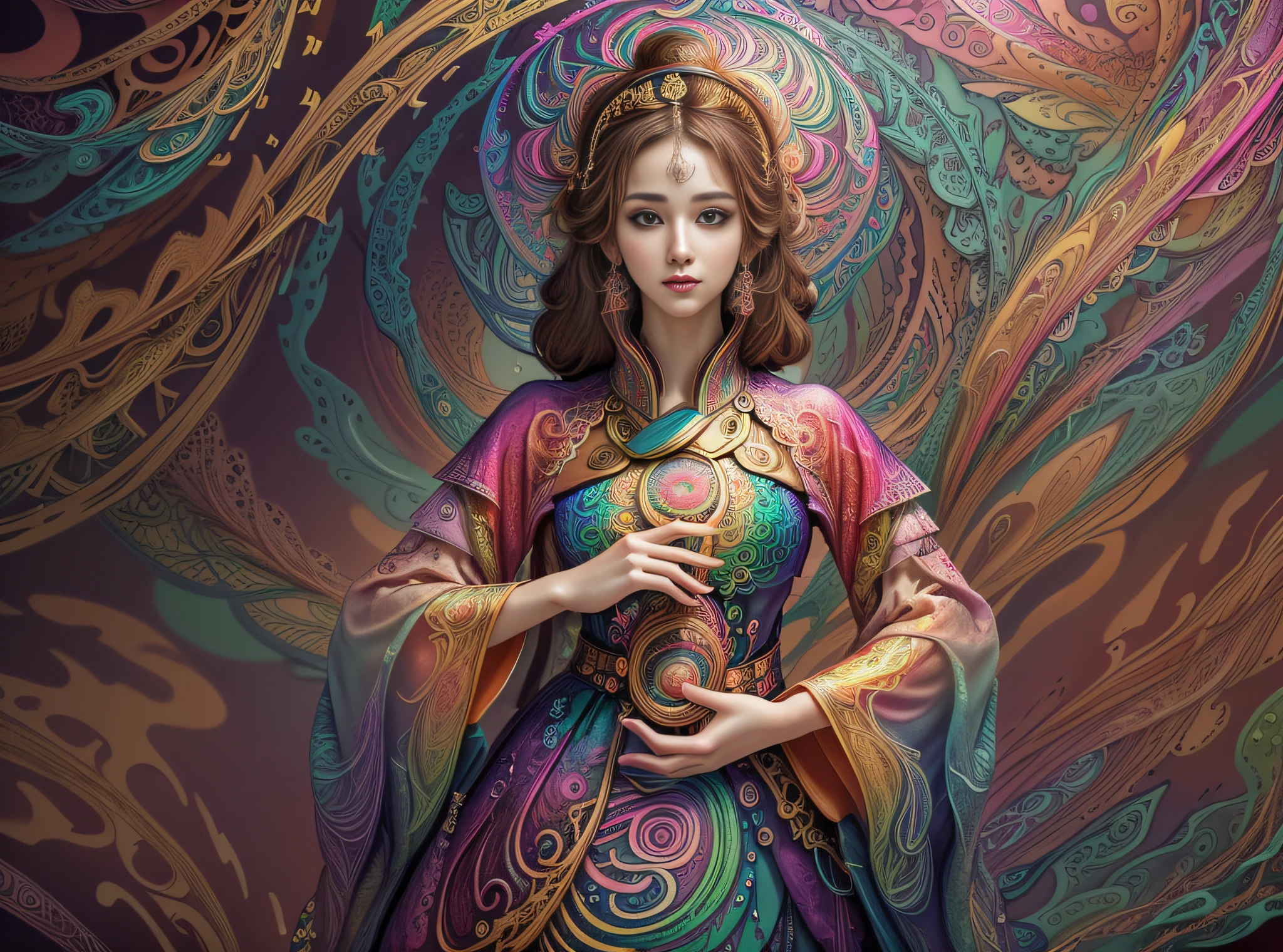 (masterpiece, top quality, best quality, official art, beautiful and aesthetic:1.2), (1girl:1.3), extremely detailed,(fractal art:1.2),colorful,highest detailed,(zentangle:1.2), (dynamic pose), (abstract background:1.5), (treditional dress:1.2), (shiny skin), (many colors:1.4), upper body