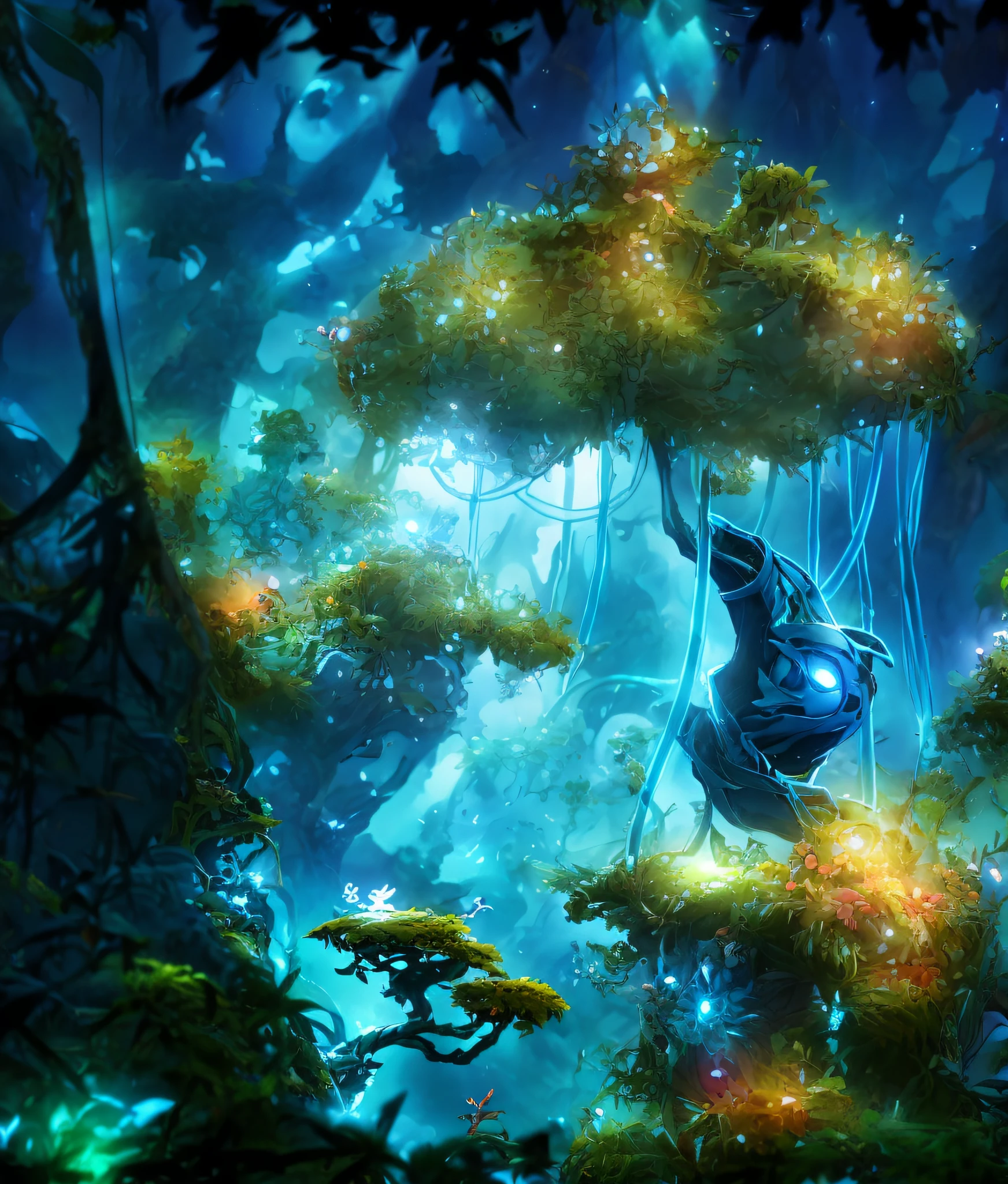 anime, a man in a blue suit is flying through the air, cyber monkey in the scifi forest, ori and the blind, ori and the blind forest, background art, official artwork, cyber space forest scene, official art, ori, 2d game fanart, background artwork, ultra detailed game art, anime lush john 8k woods --auto --s2