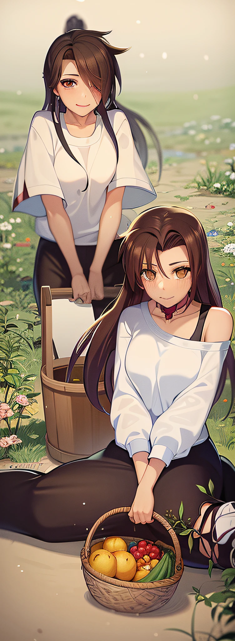 anime girl with brown hair and glasses holding a basket of fruit, by Shingei, yuruyuri, made with anime painter studio, in anime style, haibane renmei, the anime girl is crouching, in an anime style, sougetsu, anime still, anime girl with long hair, anime moe artstyle, iwakura lain --auto --s2