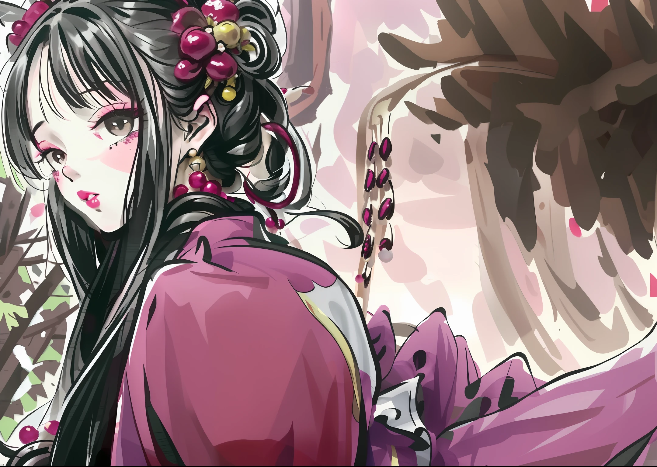 1girl,antlers,artist_name,bangs,black_hair,braid,branch,brown_eyes,cherry_blossoms,chinese_clothes,dated,eyelashes,flower,freckles,gem,hair_flower,hair_ornament,horns,jewelry,lips,lipstick,long_hair,looking_at_viewer,makeup,mole,mole_under_eye,petals,pink_flower,plum_blossoms,red_lips,solo,spring_(season),tree,twin_braids,upper_body,web_address,wisteria