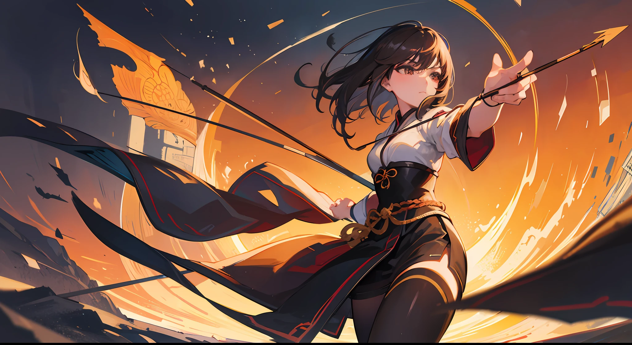 1 girl, serene expression, mesmerizing eyes, short, brown and straight hair, flowing dress, balanced posture, porcelain skin, subtle blush, golden hour, (rim lighting): 1.2, warm tones, sun reflection, soft shadows, vibrant colors, pictorial effect, dreamy atmosphere ultra detailed BREAK, official art, 8k unit wallpaper, zentangle, mandala, Guweiz style art,  Guweiz, beautiful character painting, Guweiz in Artstation Pixiv, Guweiz in Pixiv ArtStation, stunning anime face portrait, beautiful digital art, digital anime art, Guweiz masterpiece, multiple poses and expressions, different points of view, brown hair, short hair, Asian girl, brown eyes, black boots, (best quality), (masterpiece), magical photography, dramatic lighting, photographic realism, ultra-detailed,  intimate portrait composition, Leica 50mm, f1. 4.8k uhd, dslr, aesthetics, 64k, high definition, 8k, best lighting, best shadow, ultra-HD, highres, sharp focus, ikmaru's, style, complicated background, cinematic lighting, ((landscape view)), unit 4k, (best lighting), bow and arrow, archer, arrow, bow in hand, typical Japanese clothes, Japanese bow and arrow, kyudo, ((cinematic lighting)), ((2d art)), 2d style, anime style --auto --s2