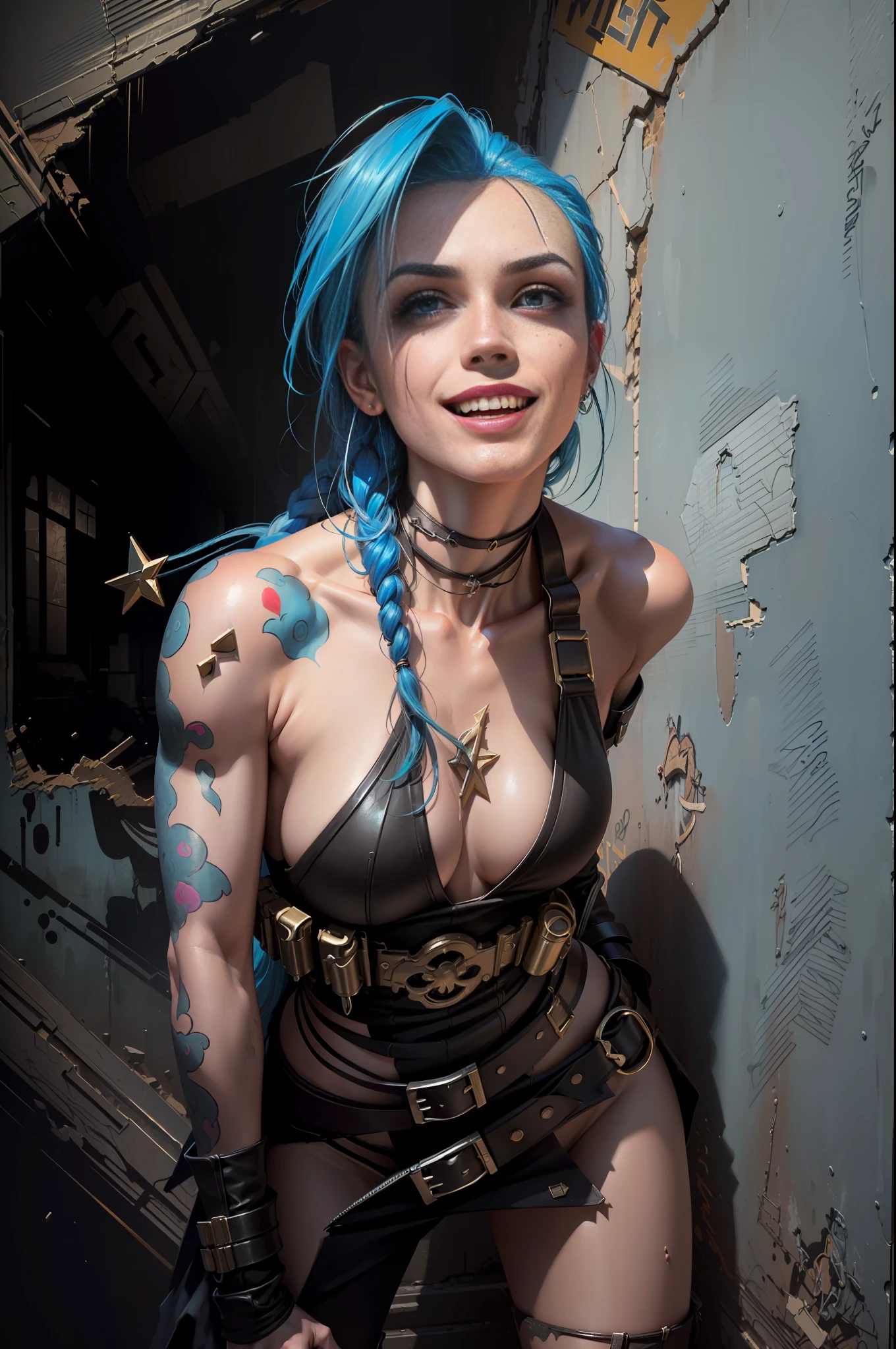 ((Best quality)), ((masterpiece)), (highly detailed:1.3), arcane style, comic style + hyper-realistic oil painting, full cinematic poster of Jinx from Acane in dynamic pose, Big smile. highly detailed, detailed face, realistic, Hot body, Nice boobs, NSFW. Background Dystopian and abandoned environment with graffiti on the walls , vibrant colors.