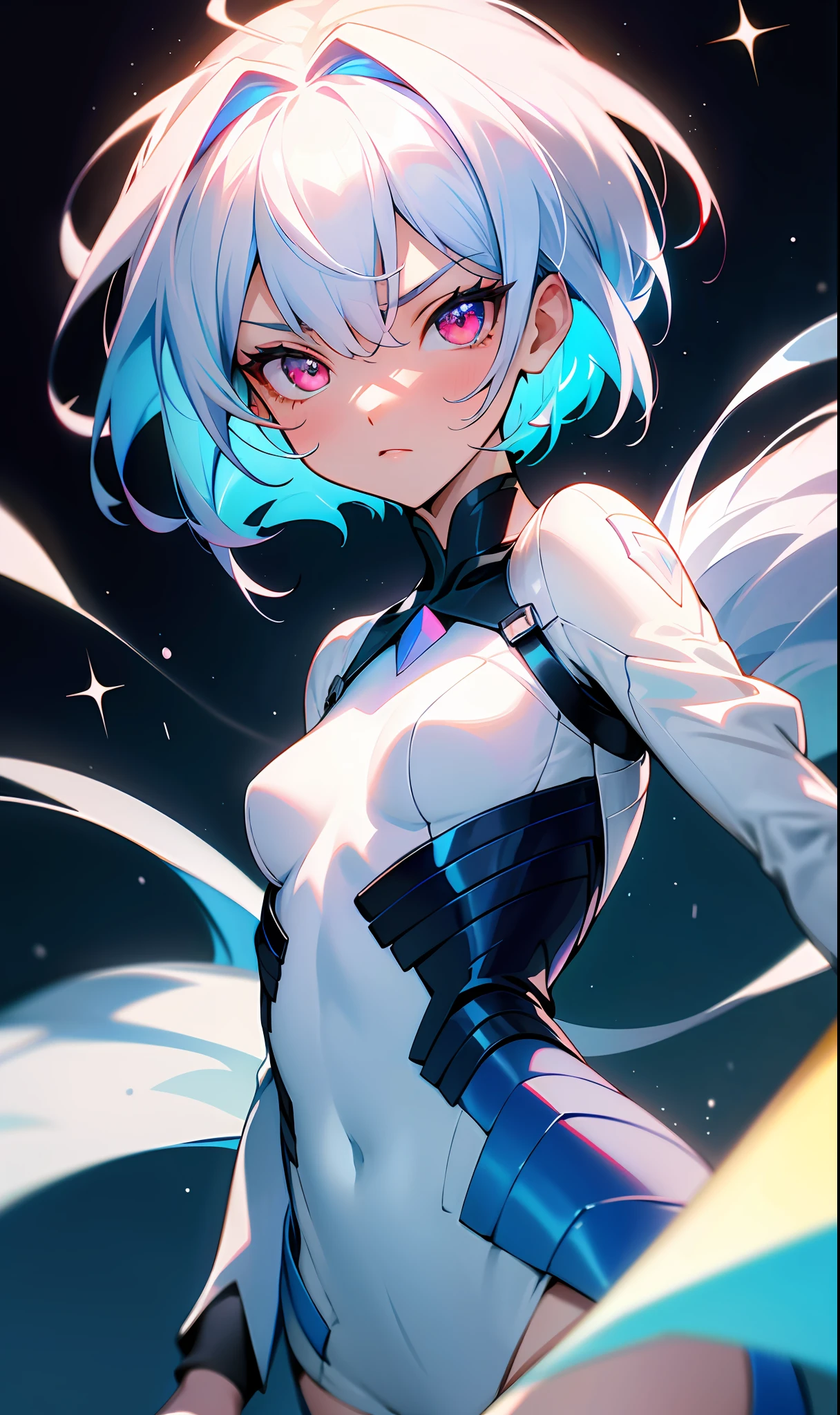 (Fine, sharp images, super resolution, extremely amazing detail, awesome detail), subsurface scattering, masterpiece, best quality, high quality, anatomically correct, textured skin, super detail, high detail, high quality, high quality, award-winning, best quality, high resolution, 1girl, solo, bust, straight eye, prism eye, prism hair, prism, serious, [silver|white] + (blue: -0.3) hair, blue + red eyes, gradient eyes, multicolored eyes, calm, small breasts, Short jacket, glowing eyes, glowing white grain, glitter, bloom, fantasy, cave