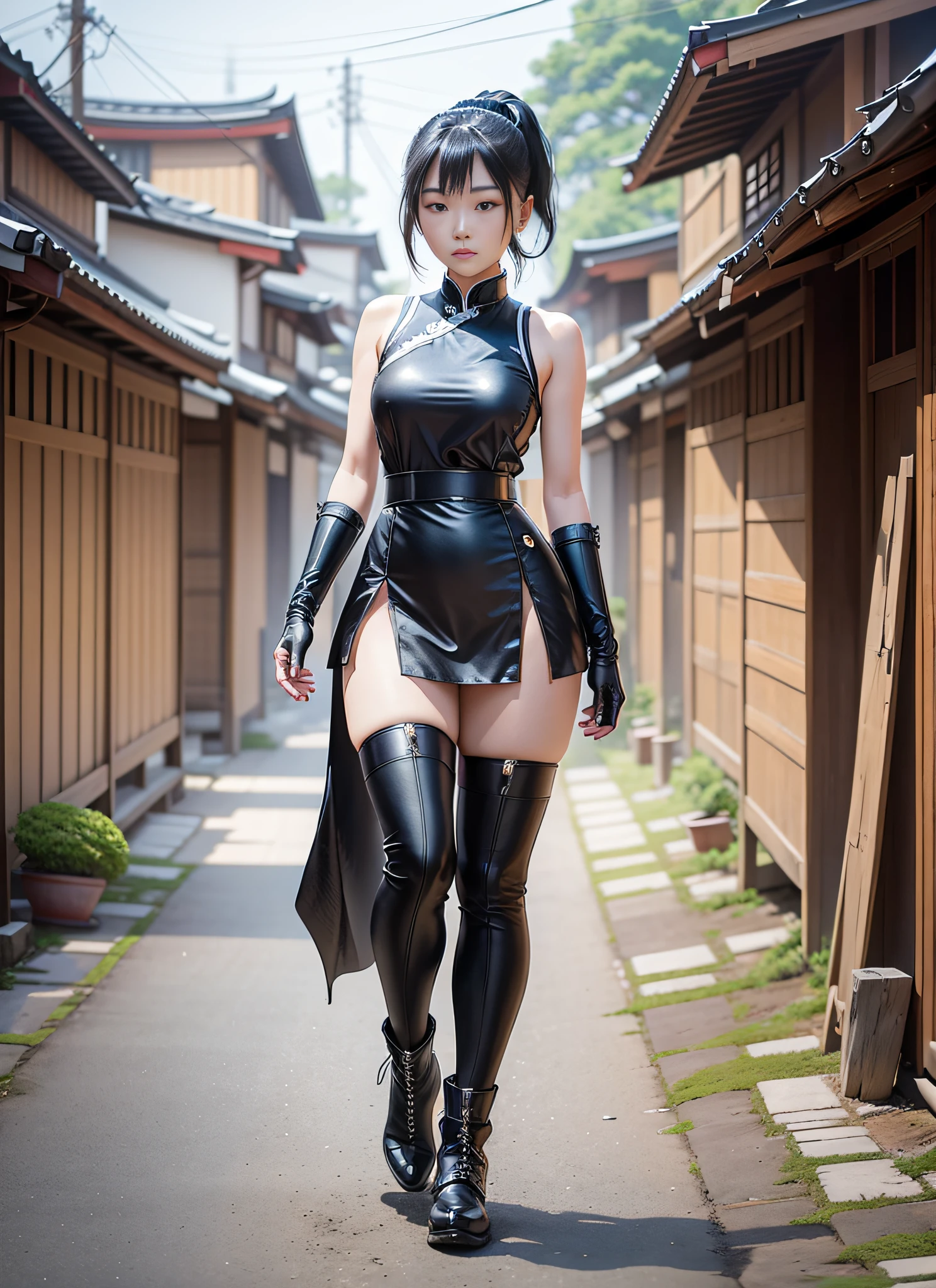 fit young Japanese woman with a flowing black ponytail and silver eyes, wearing a simple black sleeveless Chinese qipao lined with blue, wearing long gloves and boots leaving her legs bare, in a feudal Japanese village.