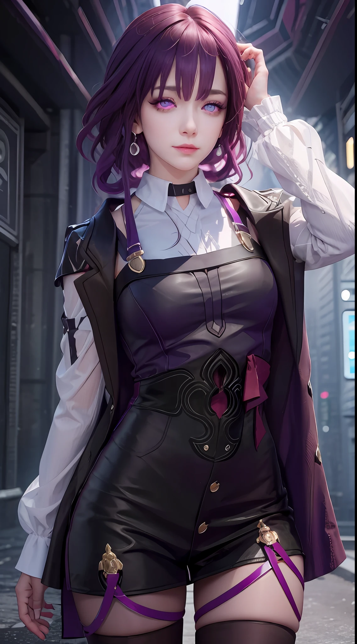 Masterpiece, Best Quality, 1girl, Official, Two Purple Eyes, Purple Hair, Bustiness, Cowboy Shot, Looking at the Audience, Dark, (Darkness), Cinematic Light, Edge Light, Detailed Eyes, (pureerosface_v1:0.5), Looking at the Audience, (Realisticity: 1.2), Provocative, Honkai Star Track, Arrogant, Bangs Evil Face, Fantasy Background, Symmetry of Left and Right Eyes