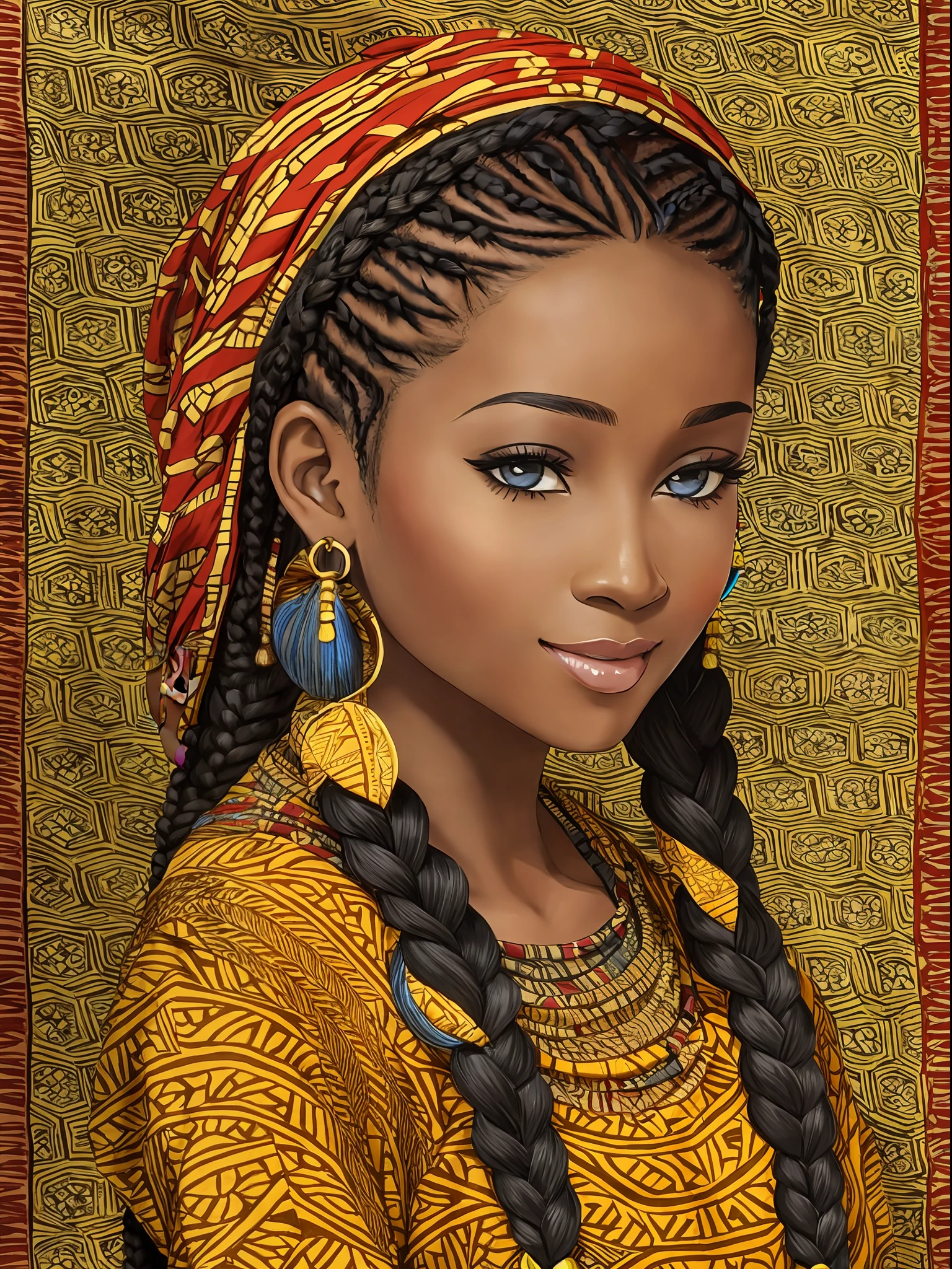beautiful African female, long braided hair, batik
